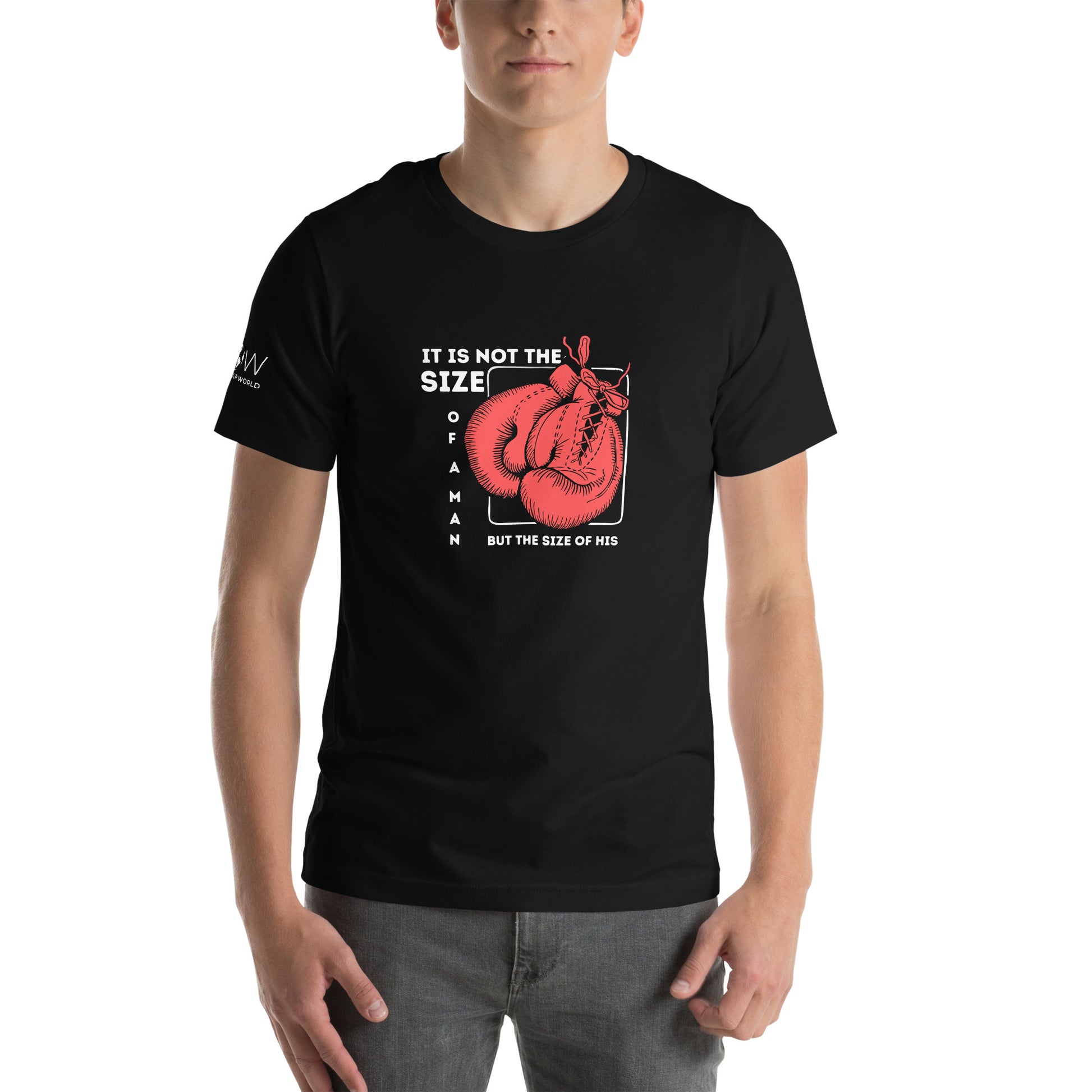 "It Is Not the Size of a Man, But the Size of His Heart" Boxing Gloves Men's Motivational Black T-Shirt