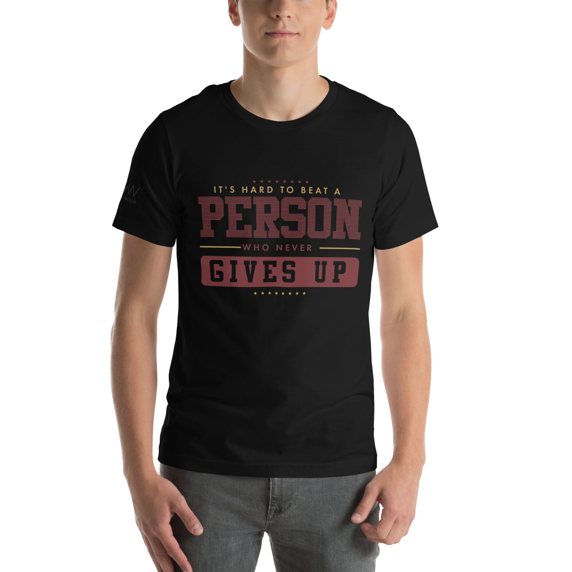 "It's Hard to Beat a Person Who Never Gives Up" Men's Motivationak Black T-Shirt
