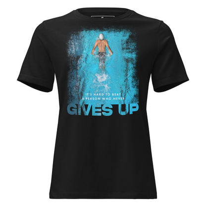 "It's Hard to Beat a Person Who Never Gives Up" Swimming Black Motivational Women’s T-Shirt