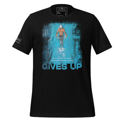 "It's Hard to Beat a Person Who Never Gives Up" Swimming Men's Motivational Black T-Shirt