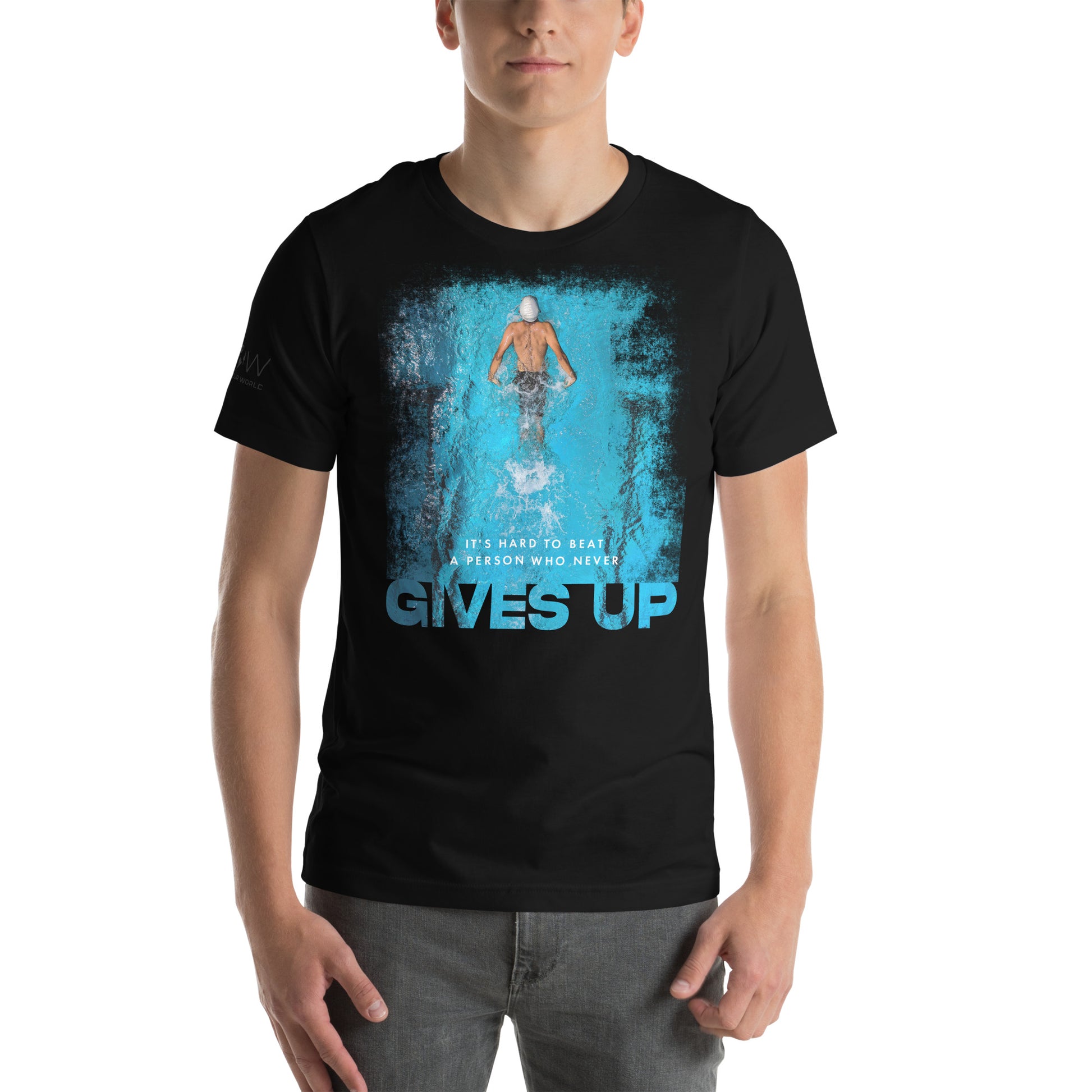 "It's Hard to Beat a Person Who Never Gives Up" Swimming Men's Motivational Black T-Shirt
