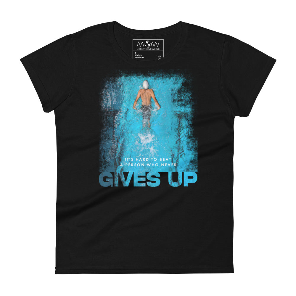 "It's Hard to Beat a Person Who Never Gives Up" Swimming Women’s Motivational Black T-Shirt