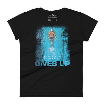 "It's Hard to Beat a Person Who Never Gives Up" Swimming Women’s Motivational Black T-Shirt