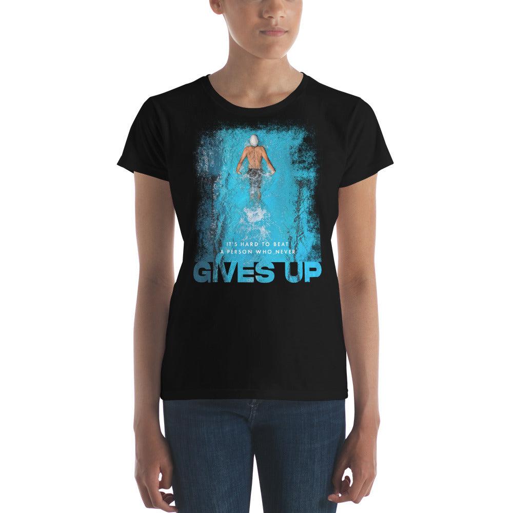 "It's Hard to Beat a Person Who Never Gives Up" Swimming Women’s Motivational Black T-Shirt