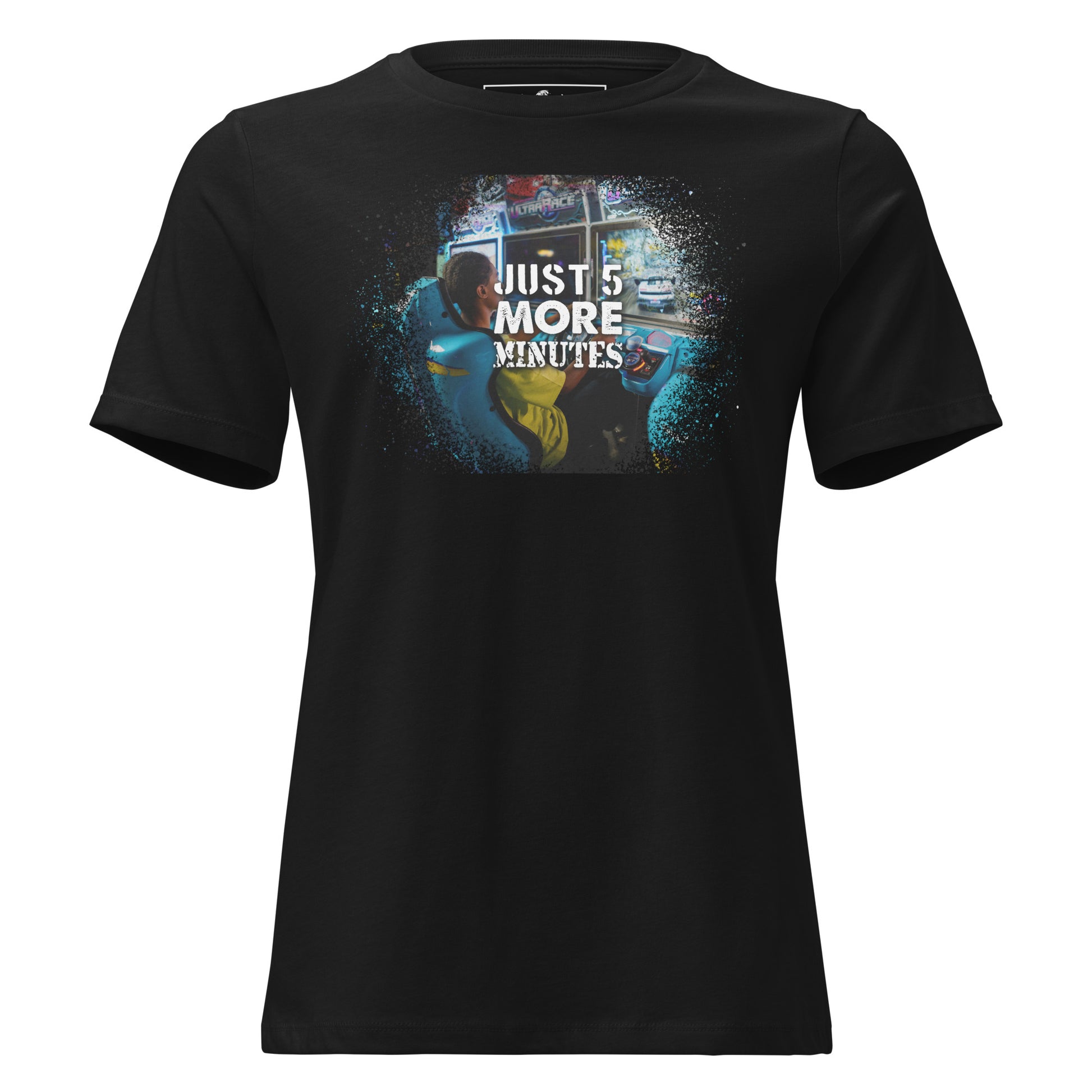 Just 5 More Minutes – Arcade Racer Edition Black Motivational Women’s T-Shirt
