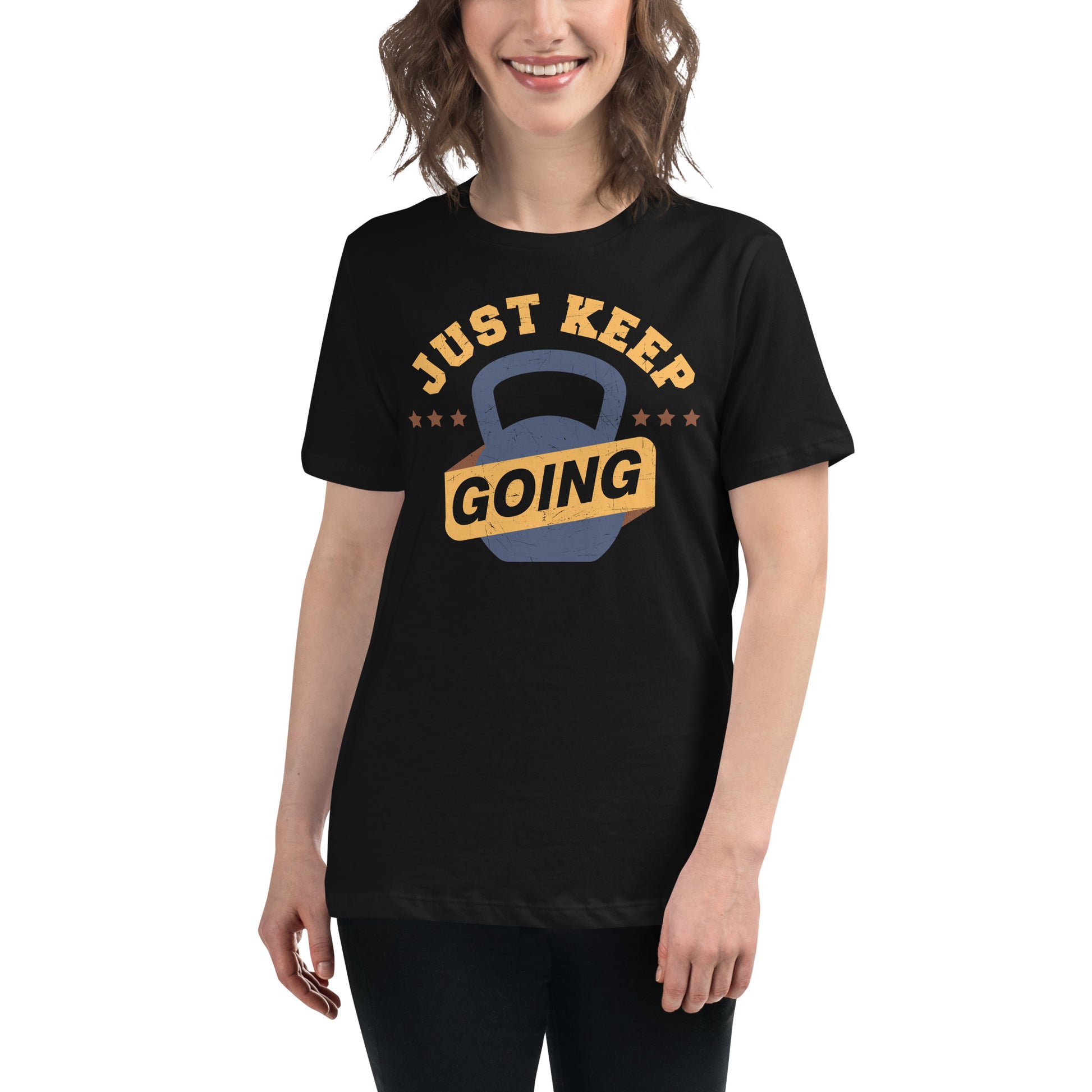 Just Keep Going (Kettlebell) Black Motivational Women’s T-Shirt