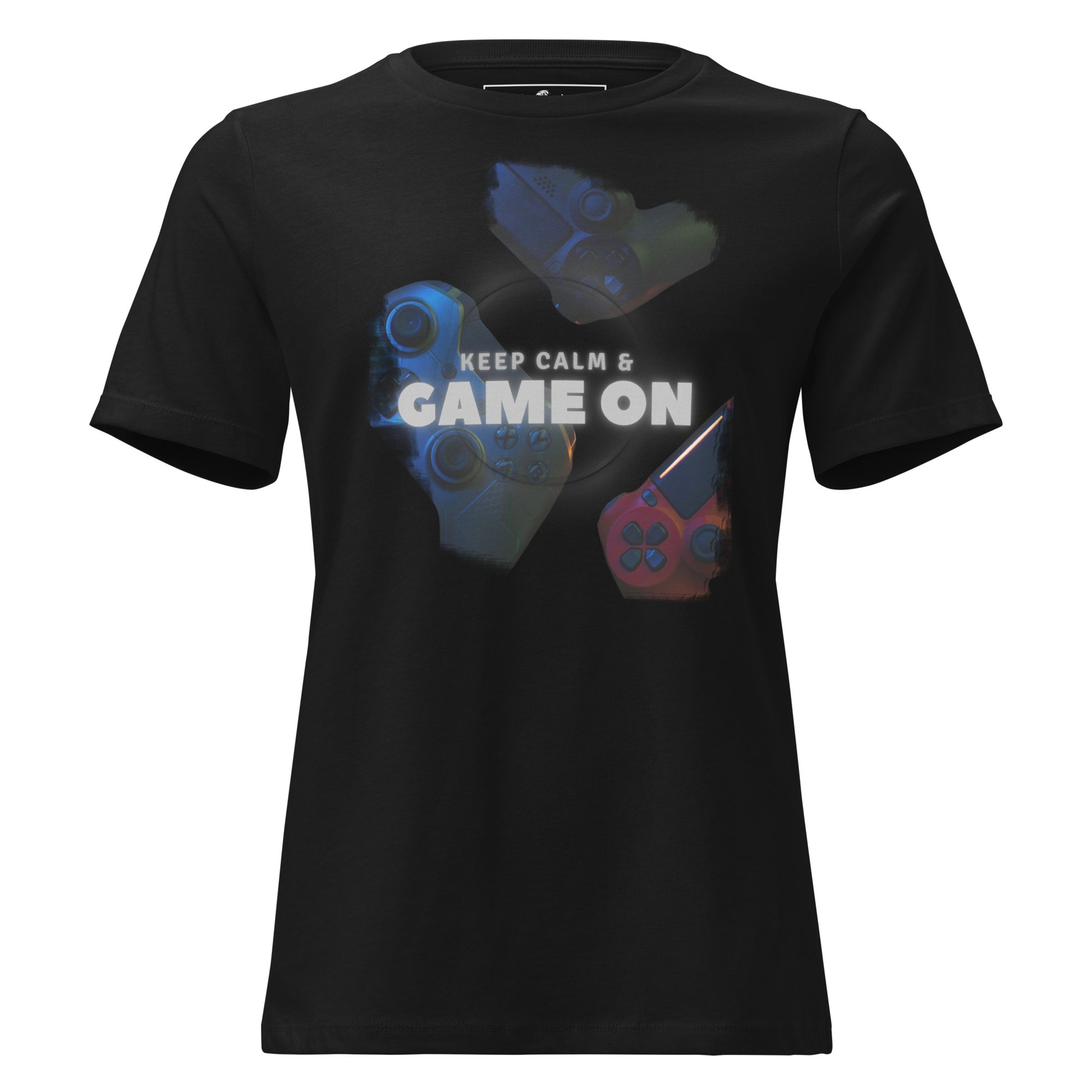 Keep Calm & Game On - Different Gaming Controllers Black Motivational Women’s T-Shirt