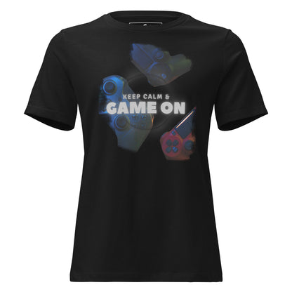 Keep Calm & Game On - Different Gaming Controllers Black Motivational Women’s T-Shirt