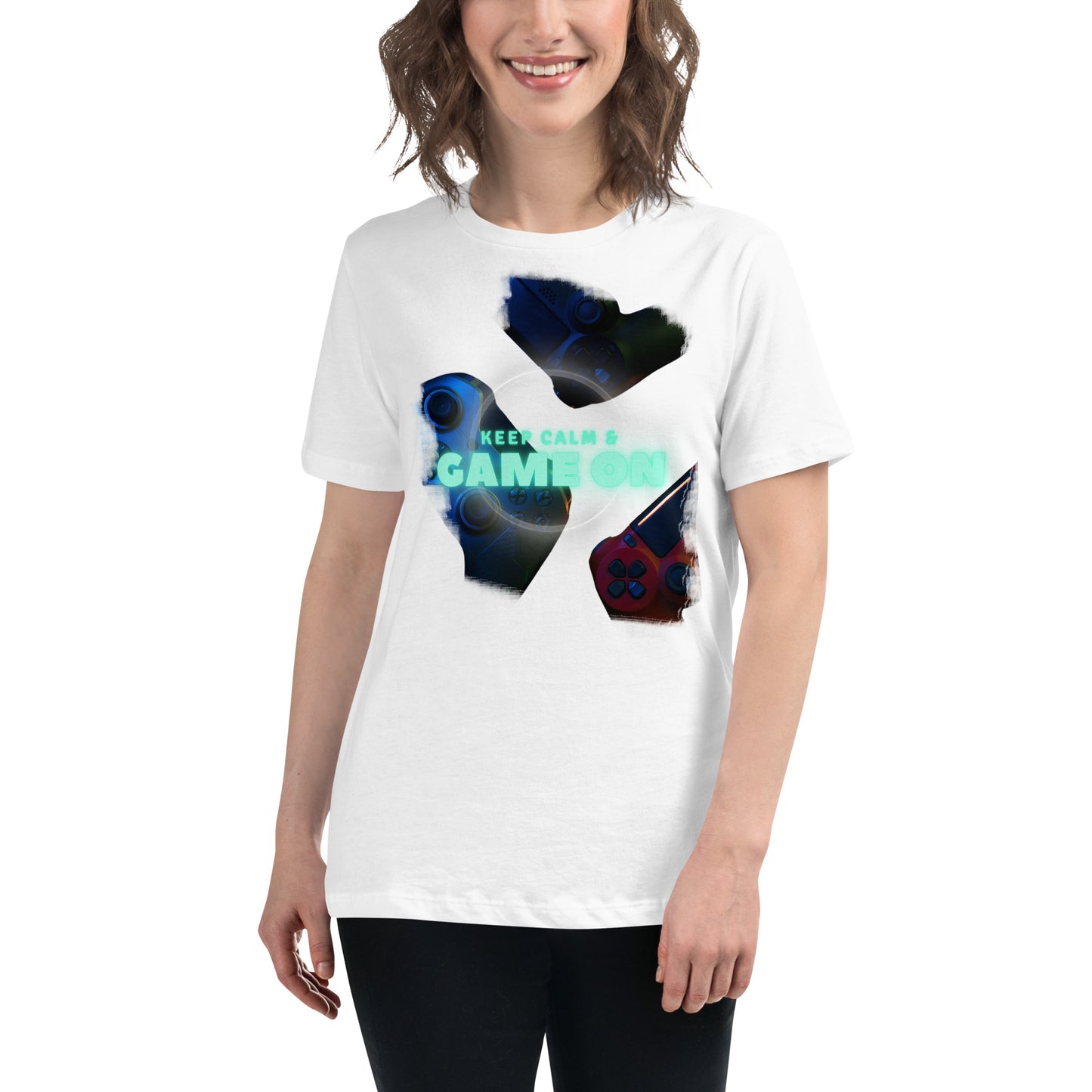Keep Calm & Game On - Different Gaming Controllers White Motivational Women’s T-Shirt Lifestyle