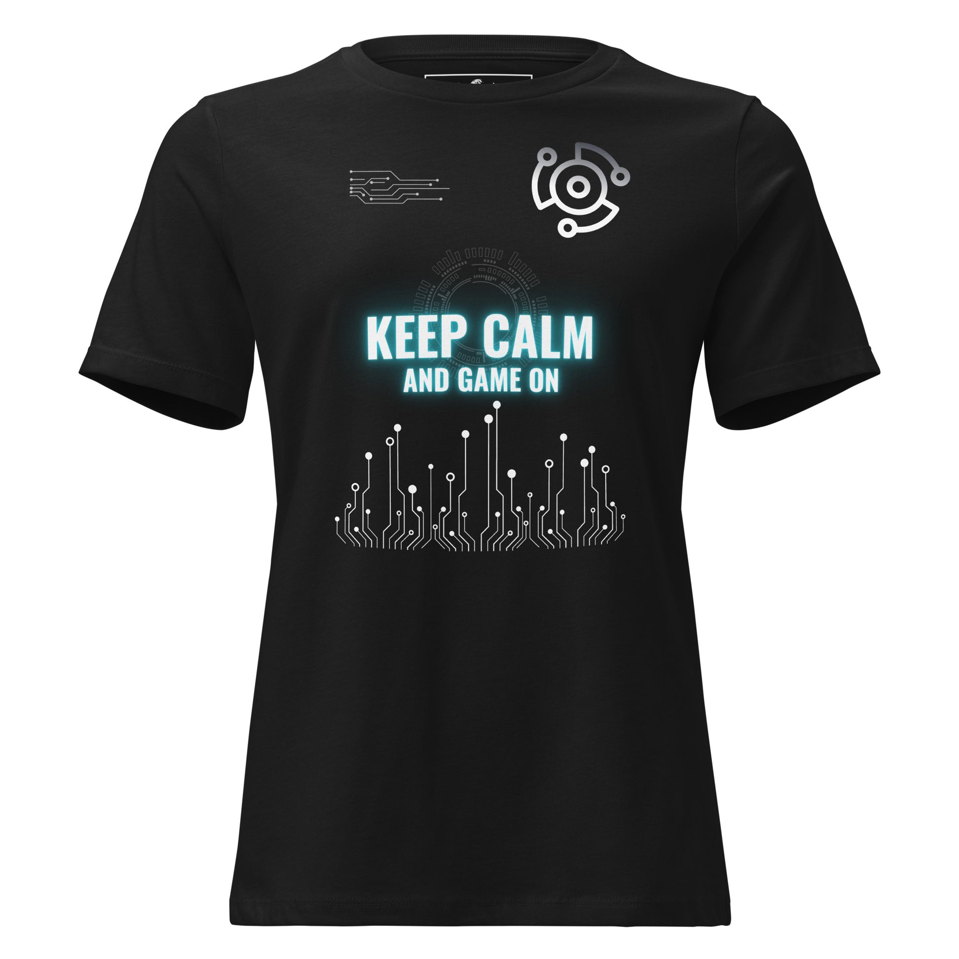 Keep Calm and Game On - Futuristic Black Motivational Women’s T-Shirt