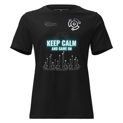 Keep Calm and Game On - Futuristic Black Motivational Women’s T-Shirt