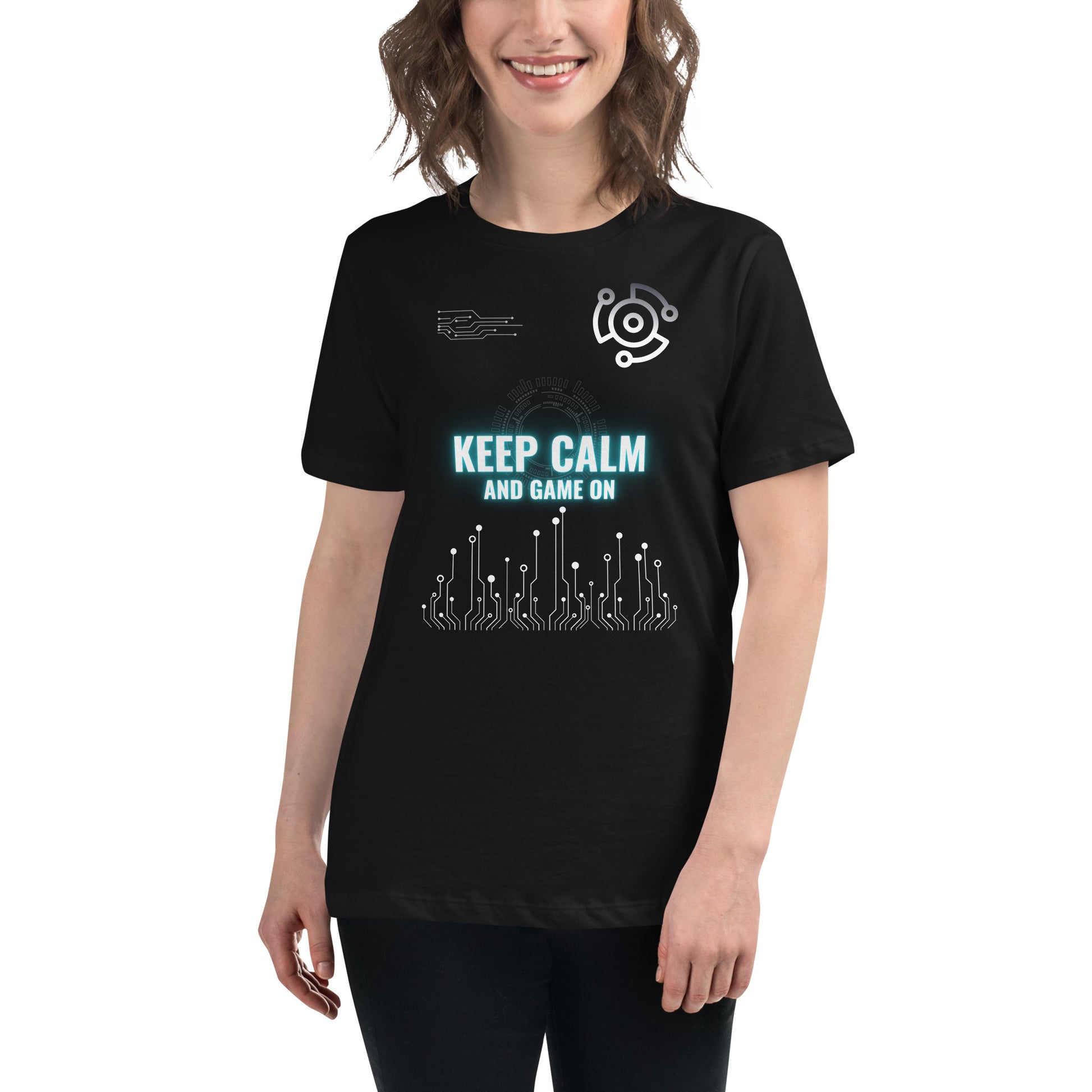 Keep Calm and Game On - Futuristic Black Motivational Women’s T-Shirt Lifestyle