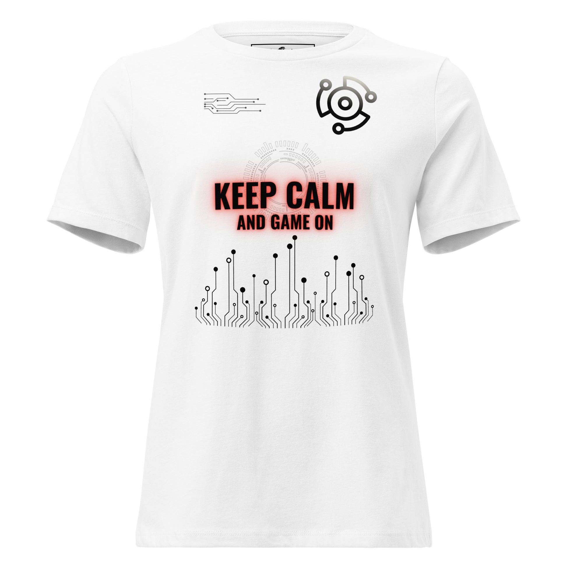 Keep Calm and Game On - Futuristic White Motivational Women’s T-Shirt