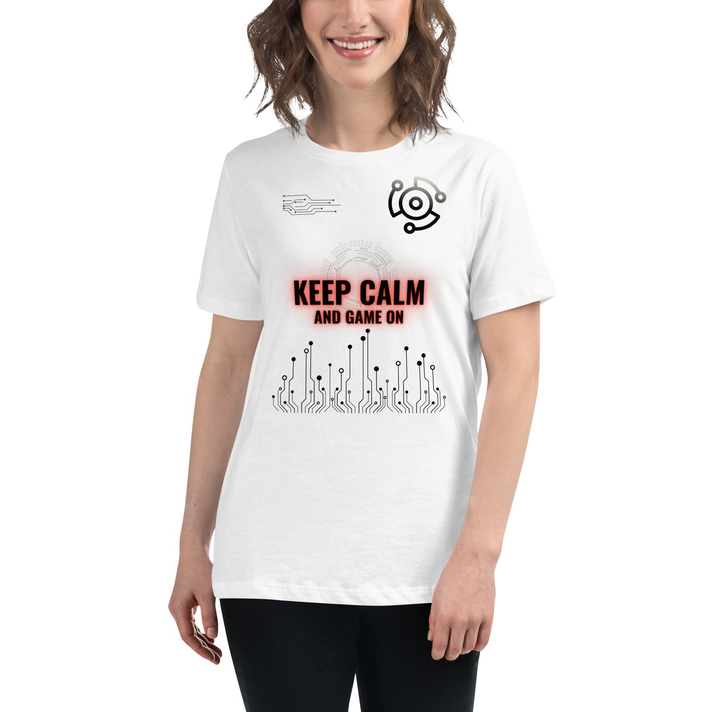 Keep Calm and Game On - Futuristic White Motivational Women’s T-Shirt Lifestyle