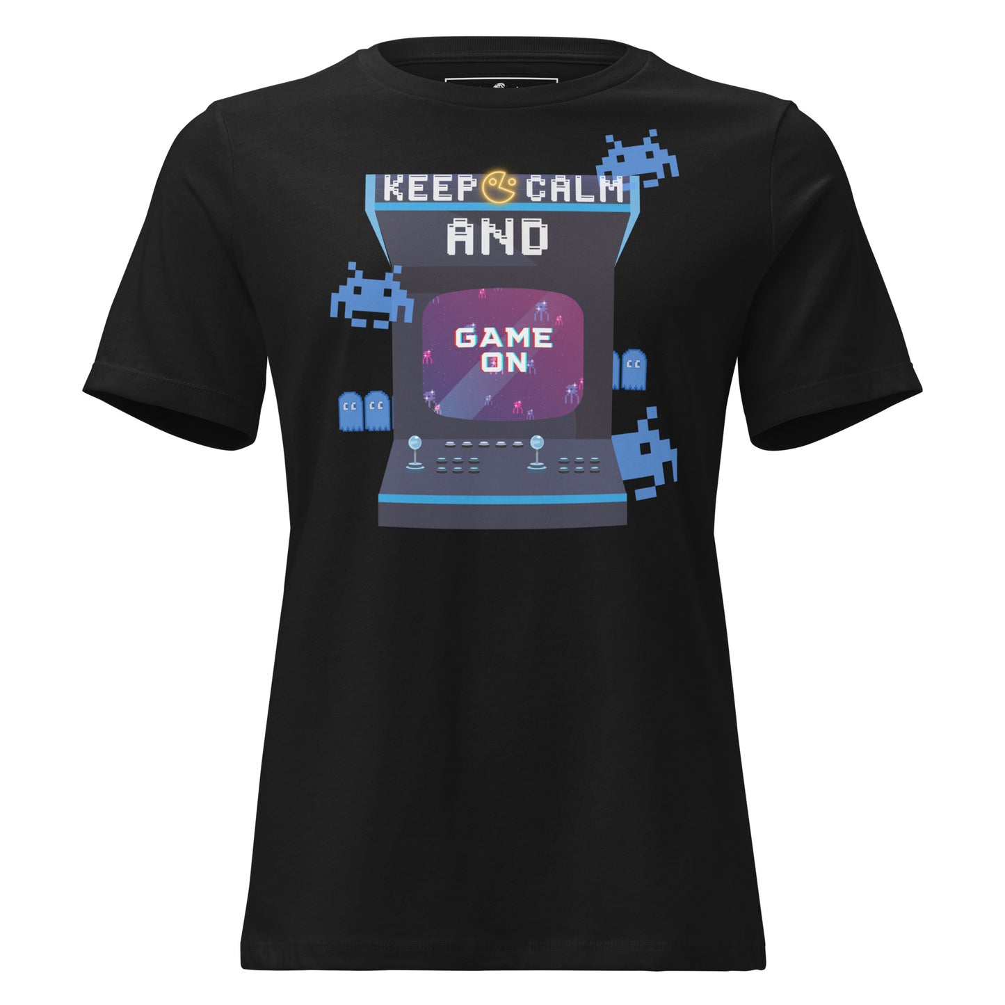 Keep Calm and Game On - Retro Arcade Inspired Black Motivational Women’s T-Shirt