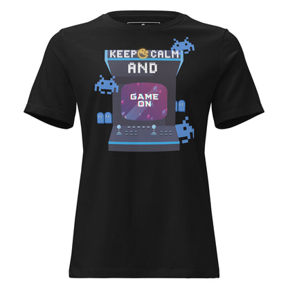 Keep Calm and Game On - Retro Arcade Inspired Black Motivational Women’s T-Shirt