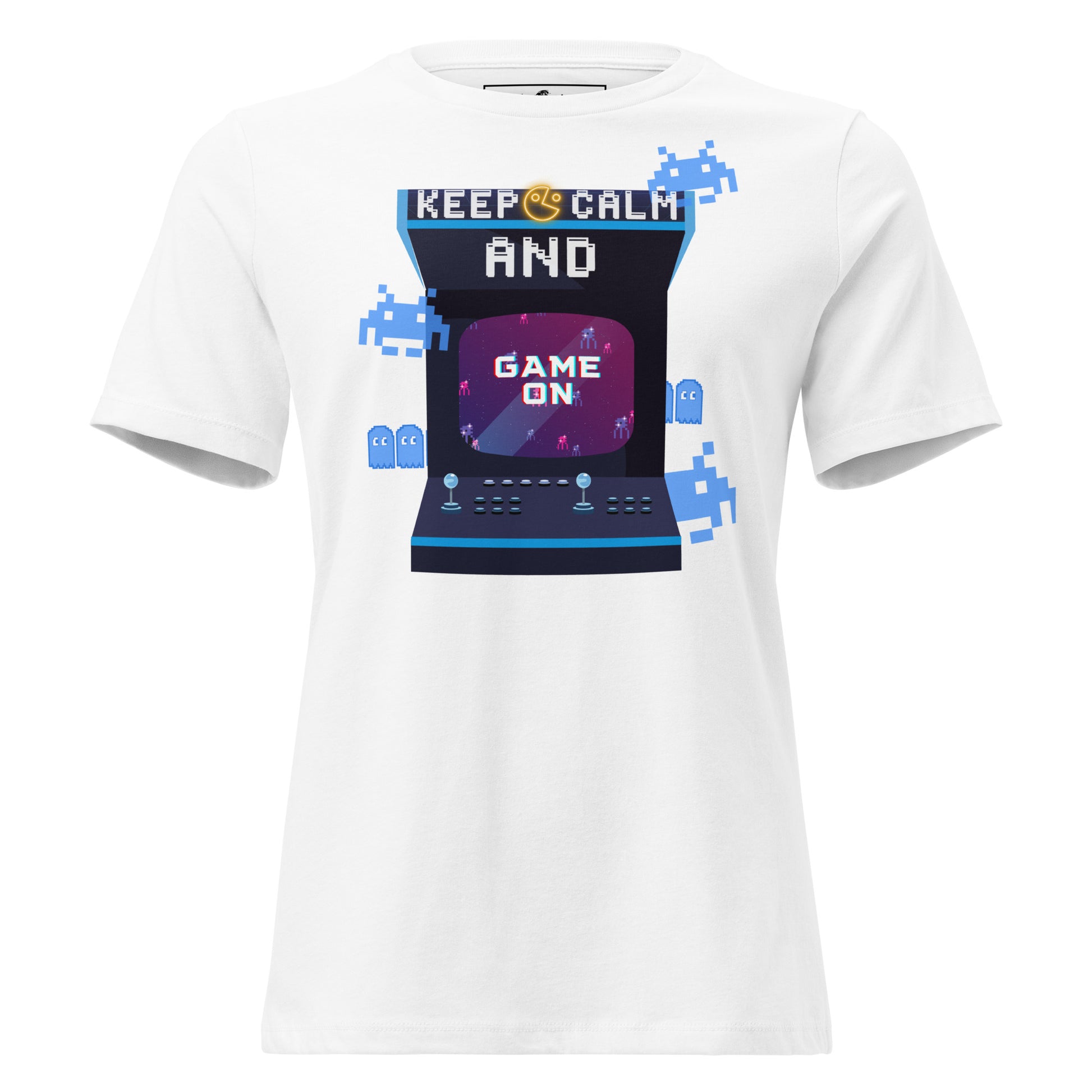 Keep Calm and Game On - Retro Arcade Inspired White Motivational Women’s T-Shirt