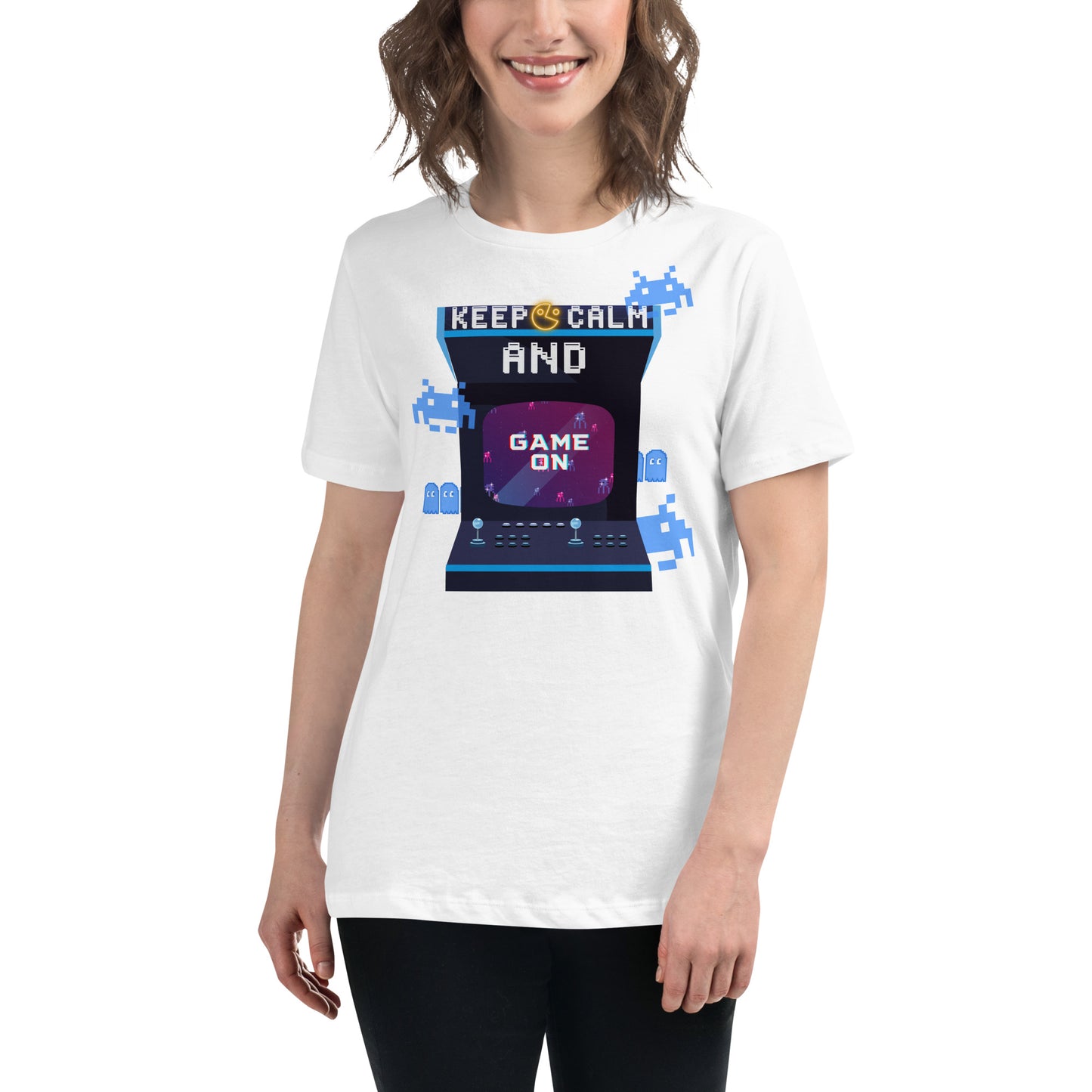 Keep Calm and Game On - Retro Arcade Inspired White Motivational Women’s T-Shirt Lifestyle