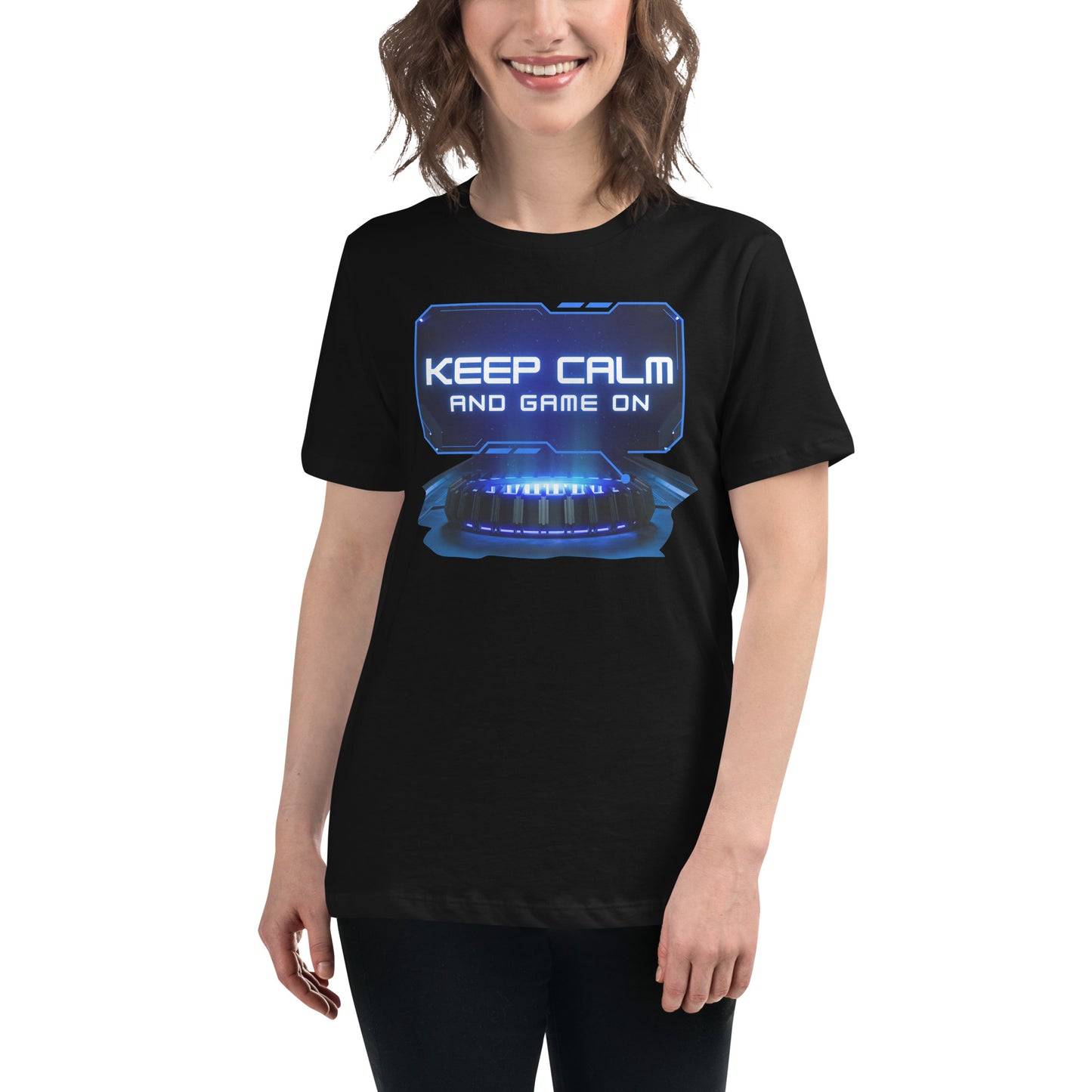 Keep Calm and Game On Black Motivational Women’s T-Shirt Lifestyle