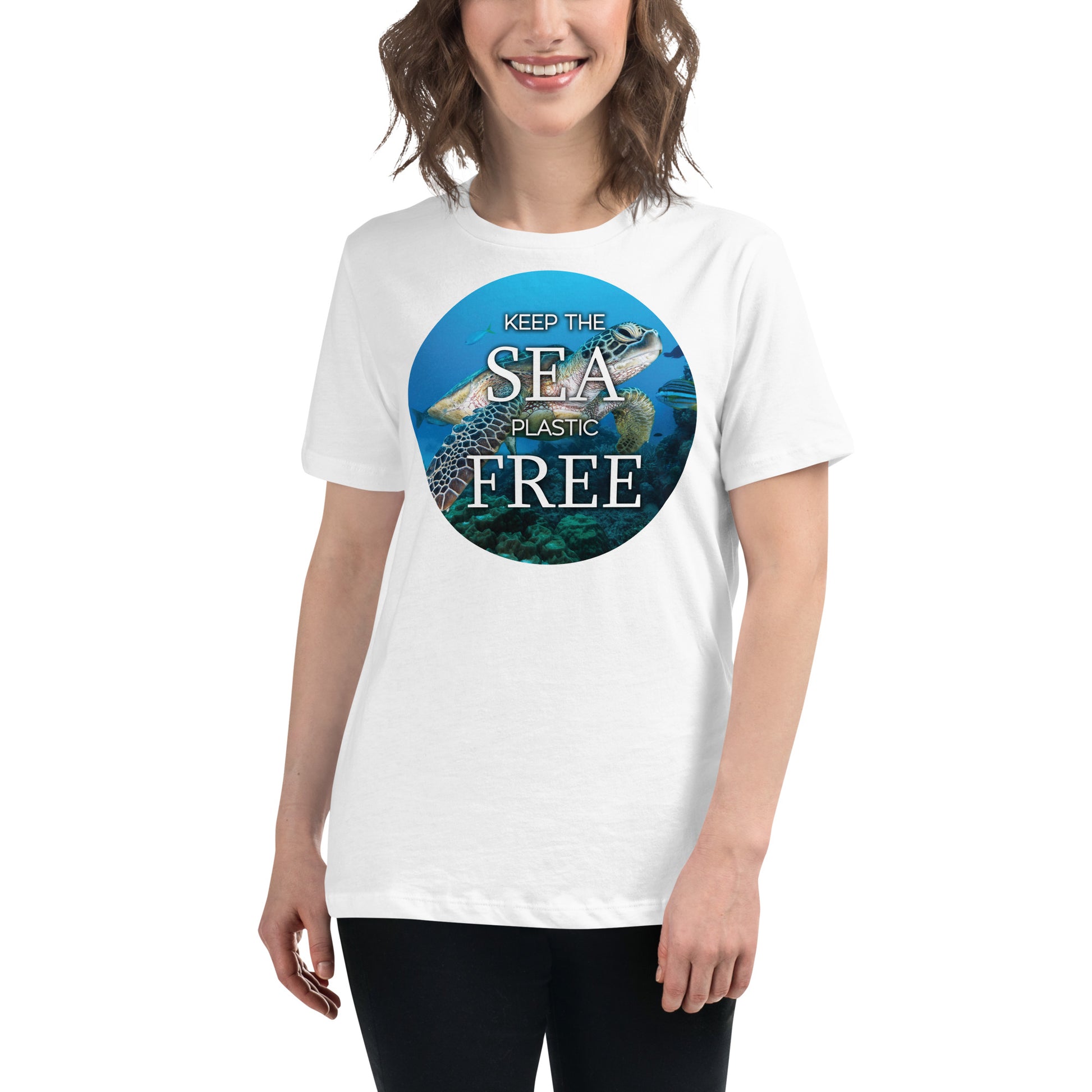 Keep The Sea Plastic Free Sea Turtle White Motivational Women’s T-Shirt Lifestyle