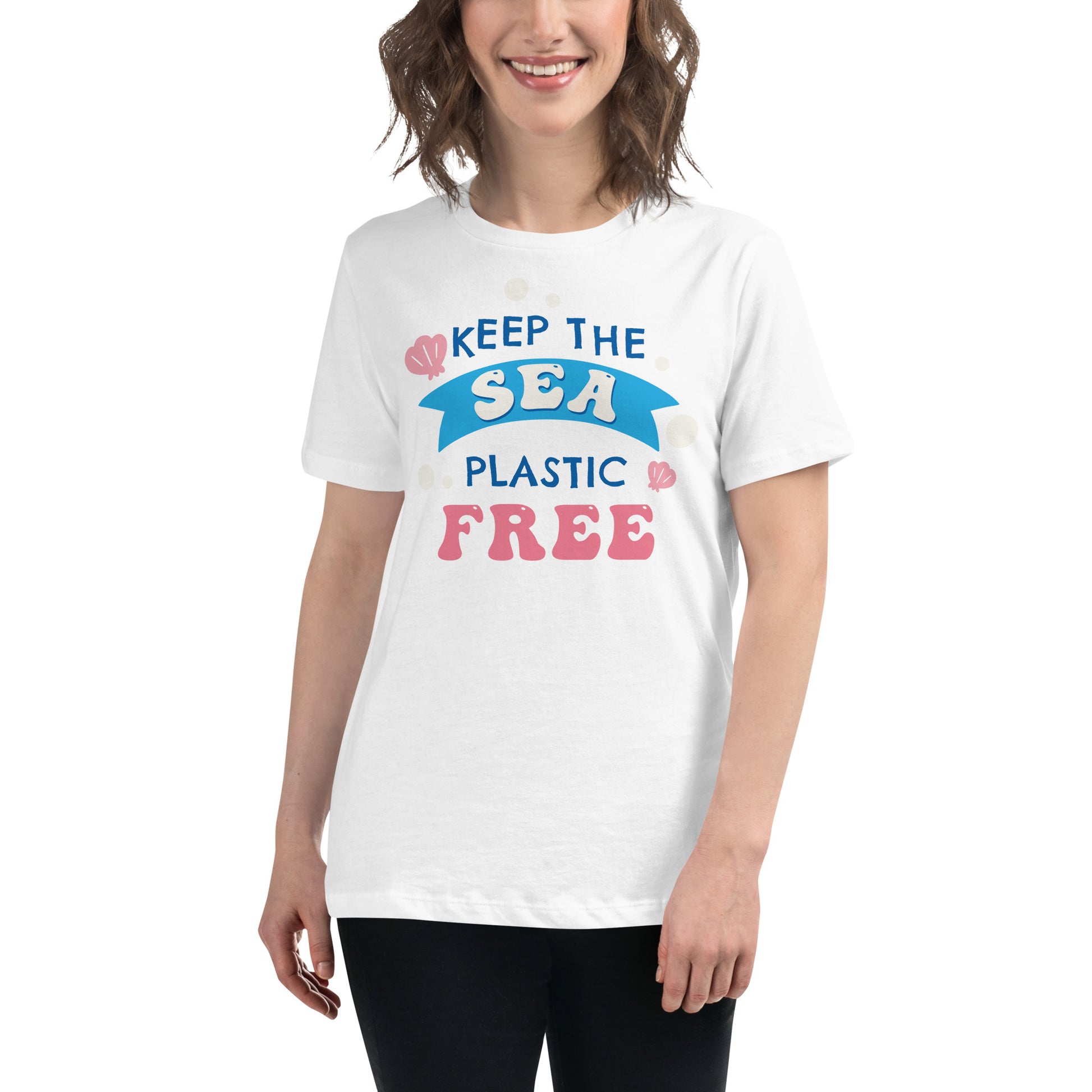 Keep The Sea Plastic Free Seashell White Motivational Women’s T-Shirt Lifestyle