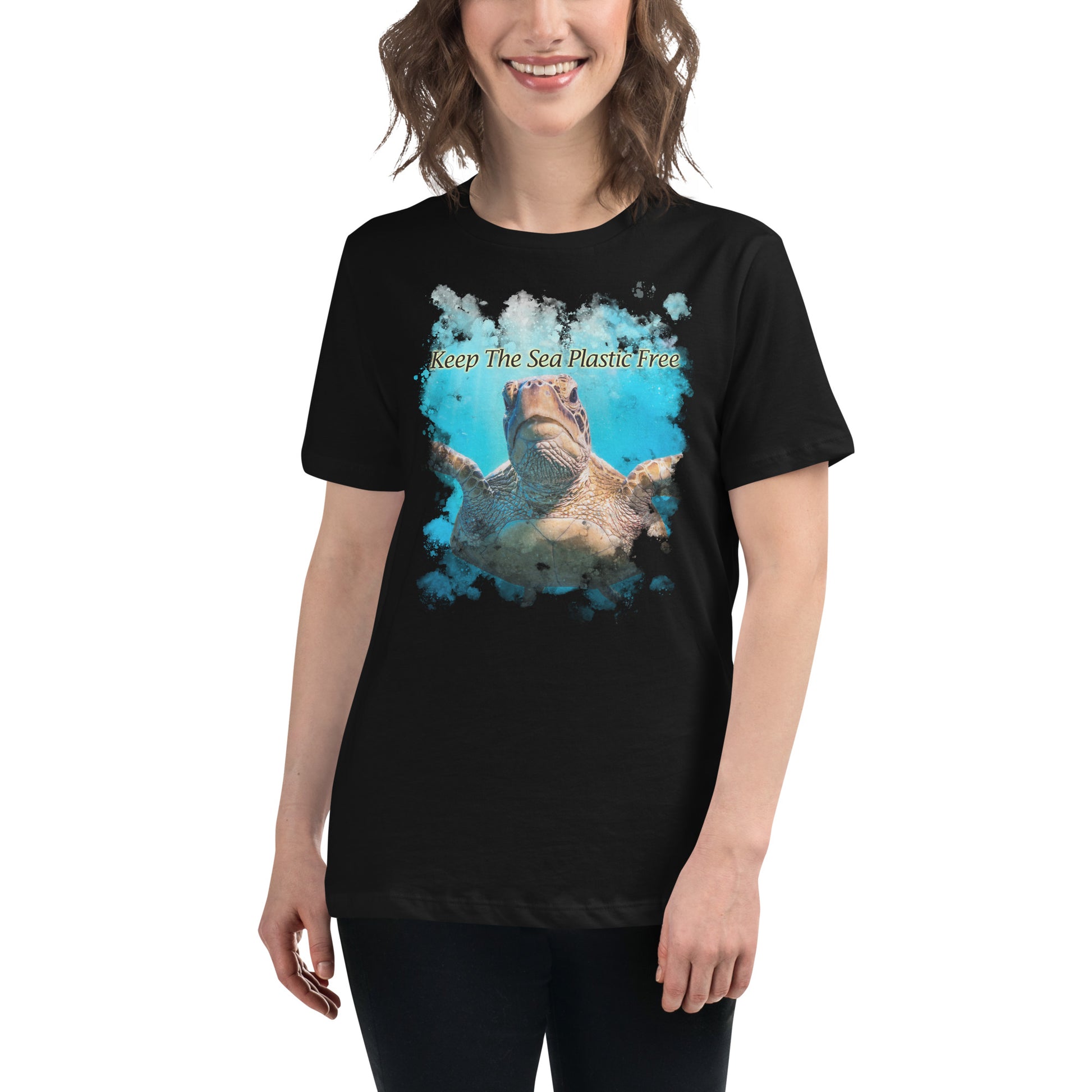 Keep The Sea Plastic Free Turtle Splash Black Motivational Women’s T-Shirt Lifestyle