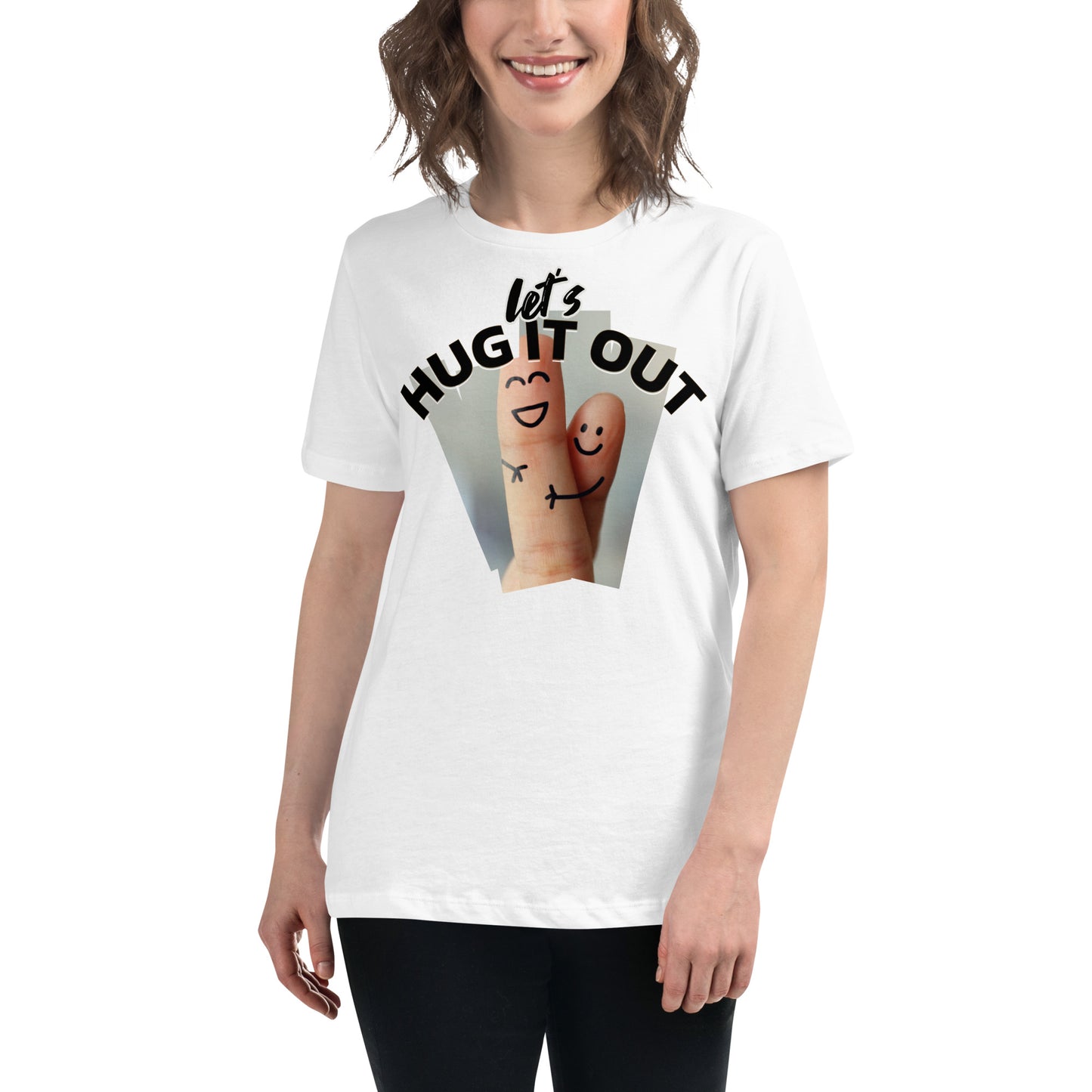 Let’s Hug It Out Happy Doodle White Motivational Women’s T-Shirt Lifestyle