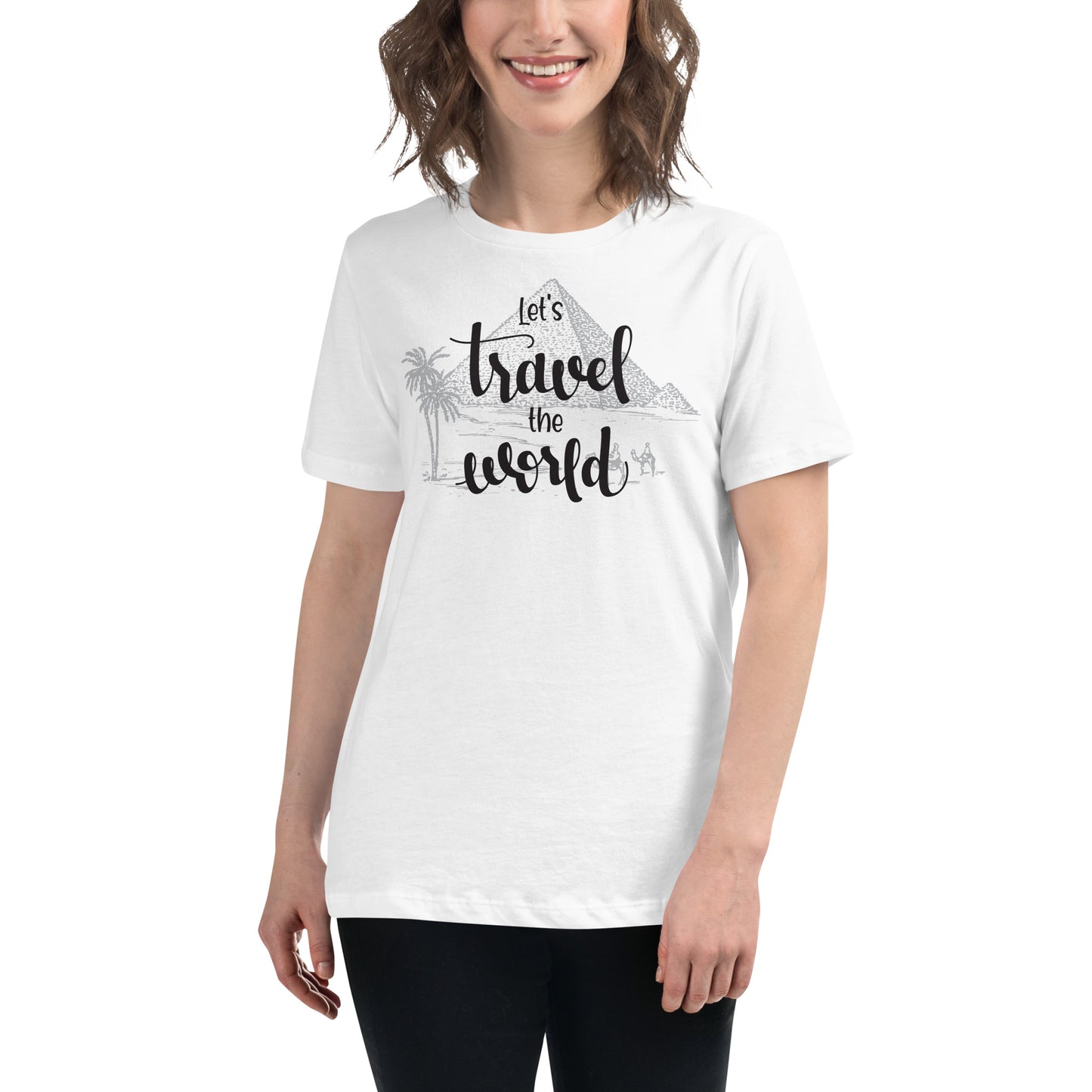 Let’s Travel The World Pyramid White Motivational Women’s T-Shirt Lifestyle