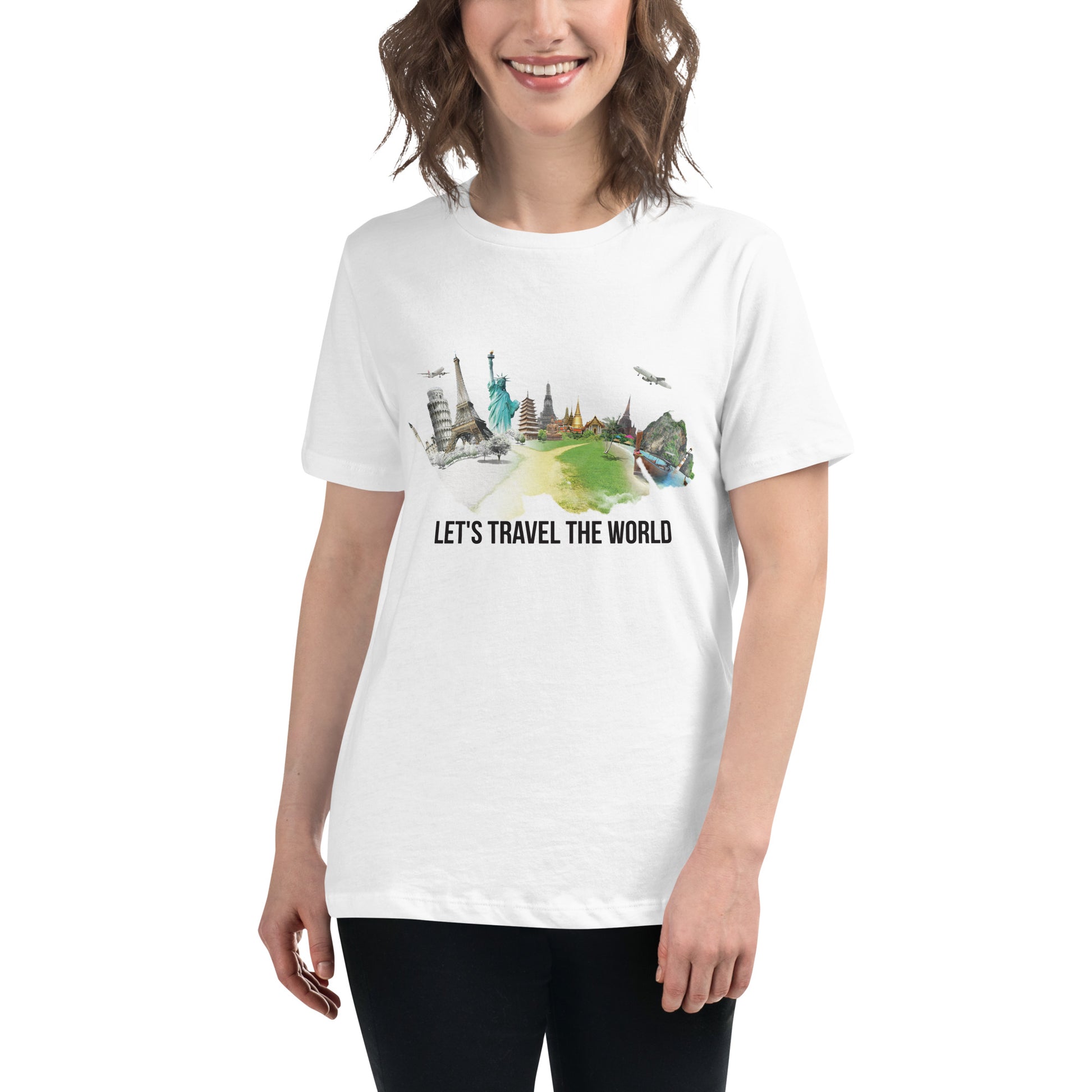 Let’s Travel The World Scenic Landmarks White Motivational Women’s T-Shirt Lifestyle