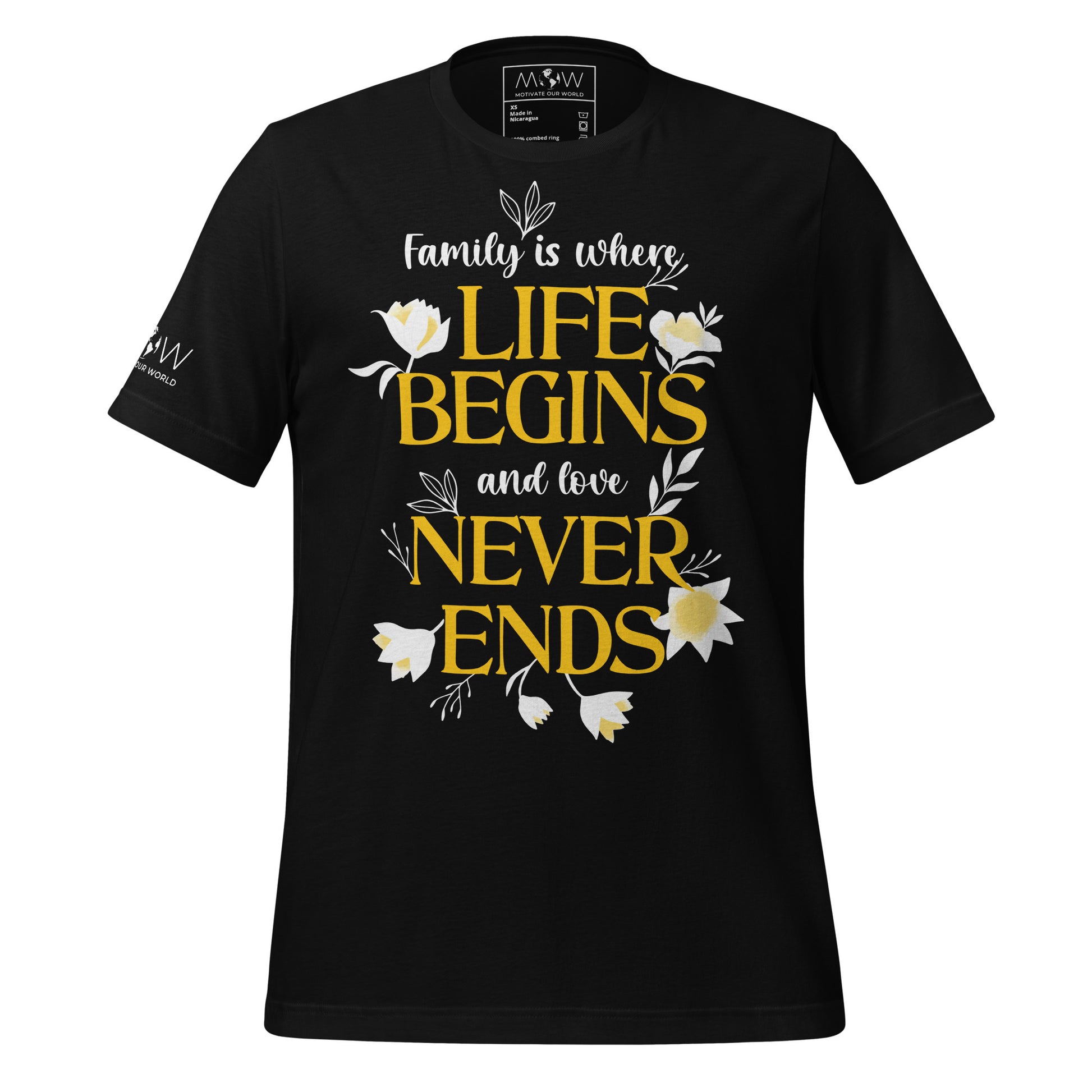 Life Begins, Love Never Ends – Golden Bloom Edition Black Motivational Men's T-Shirt