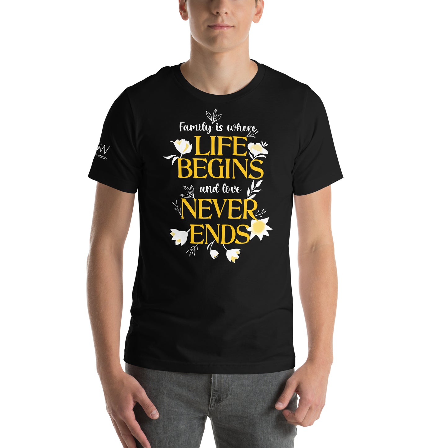 Life Begins, Love Never Ends – Golden Bloom Edition Black Motivational Men's T-Shirt Lifestyle