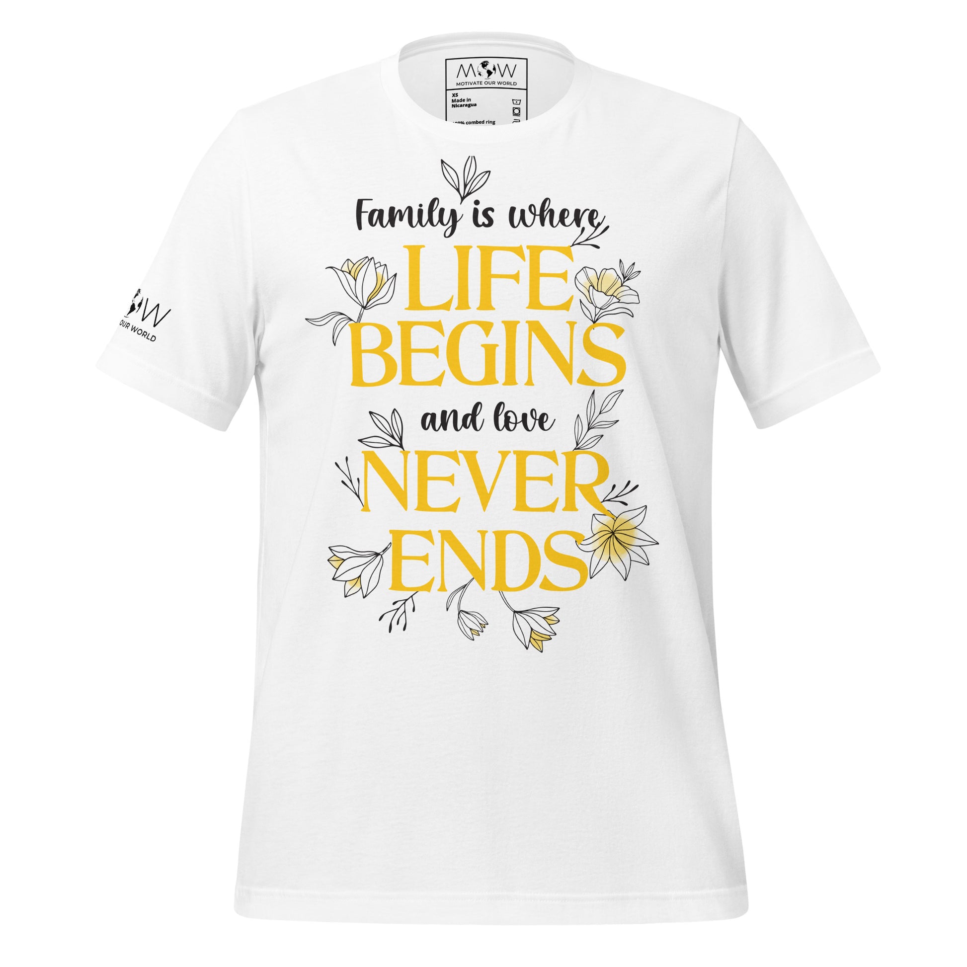 Life Begins, Love Never Ends – Golden Bloom Edition White Motivational Men's T-Shirt