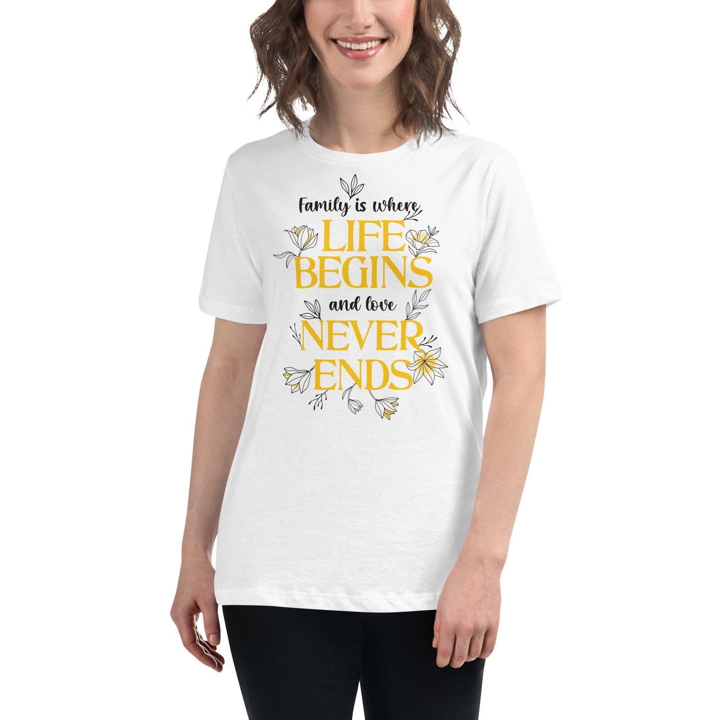 Life Begins, Love Never Ends – Golden Bloom Edition White Motivational Women’s T-Shirt Lifestyle