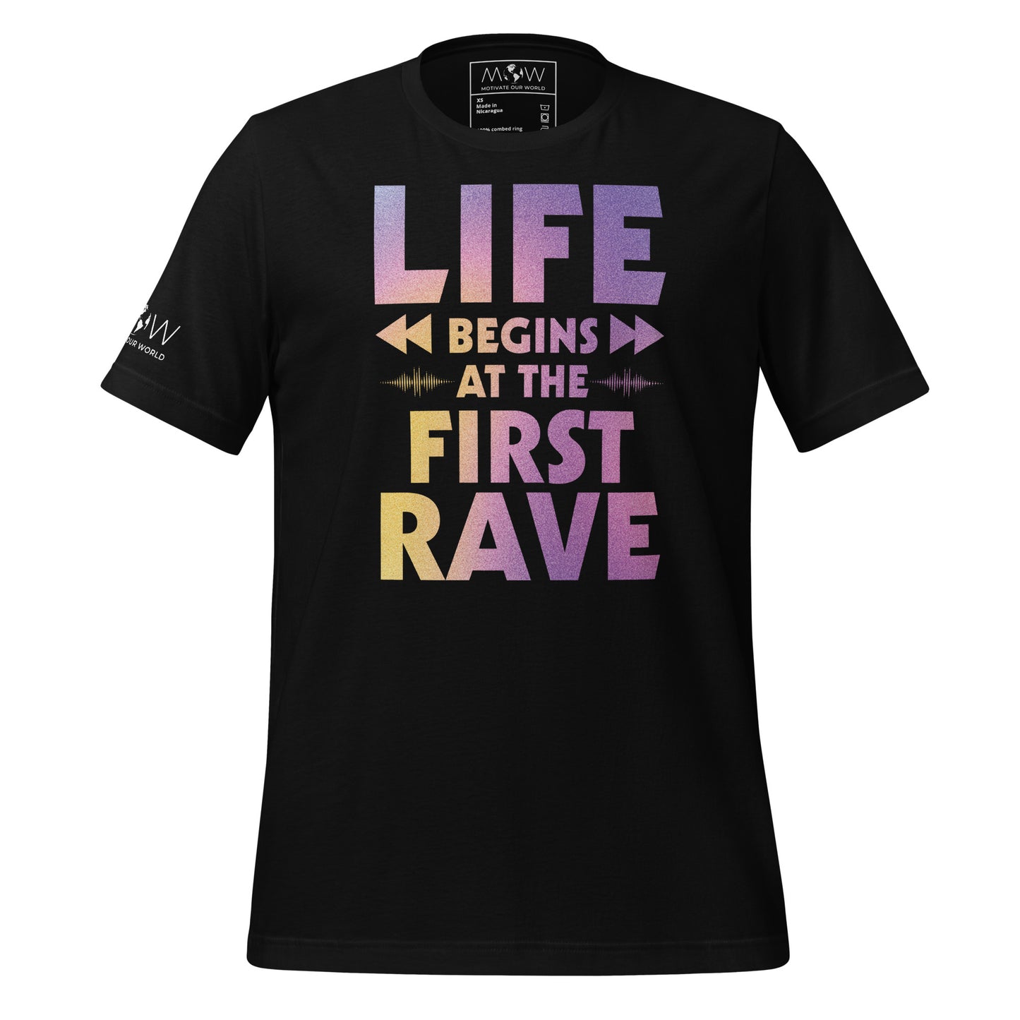 Life Begins at the First Rave – Gradient Energy Edition Black Motivational Men's T-Shirt