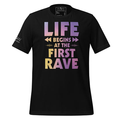 Life Begins at the First Rave – Gradient Energy Edition Black Motivational Men's T-Shirt