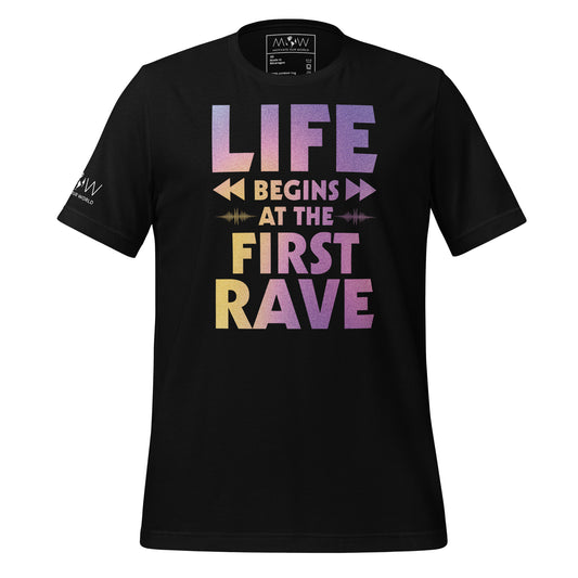 Life Begins at the First Rave – Gradient Energy Edition Black Motivational Men's T-Shirt