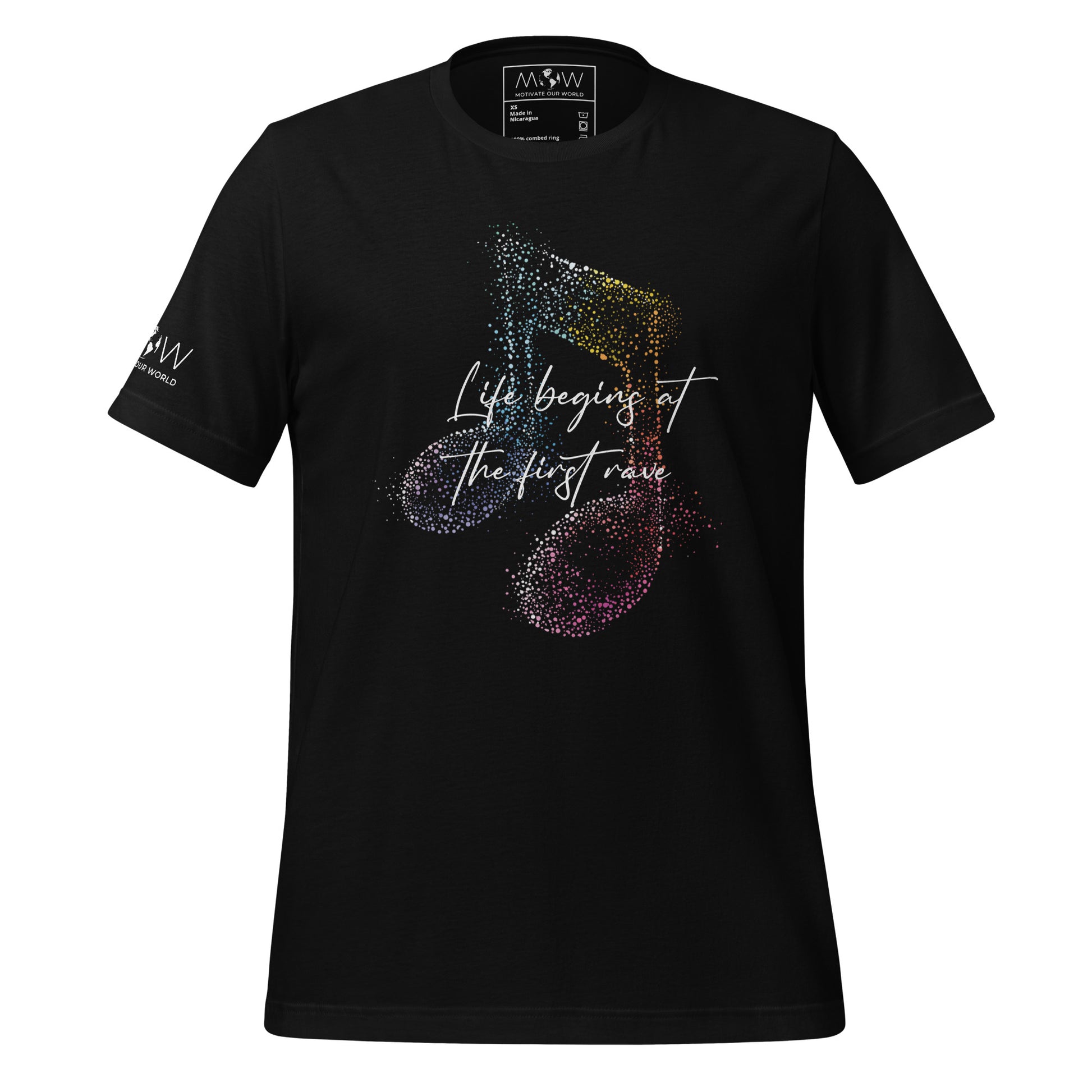 Life Begins at the First Rave – Vibrant Notes Edition Black Motivational Men's T-Shirt