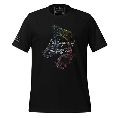 Life Begins at the First Rave – Vibrant Notes Edition Black Motivational Men's T-Shirt