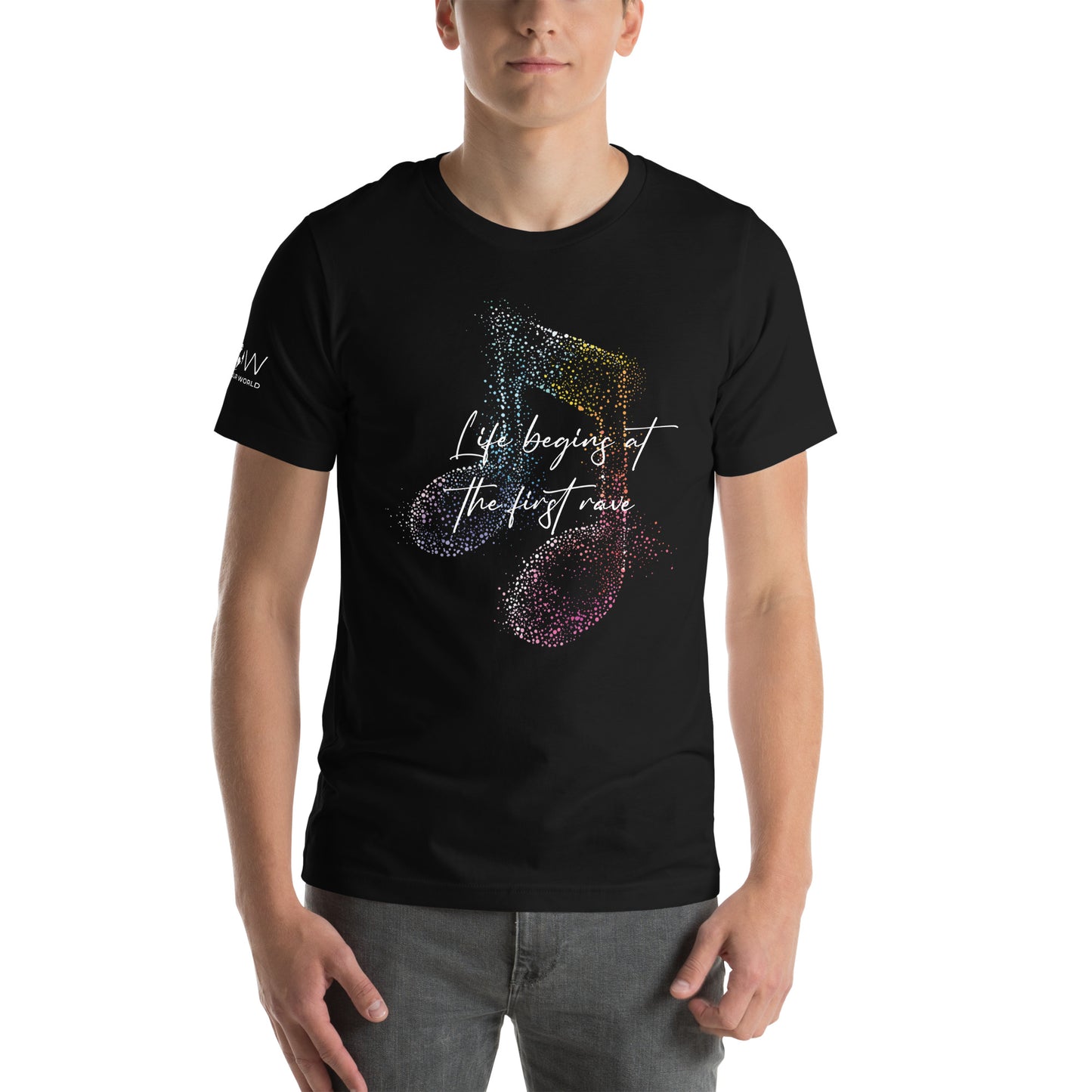 Life Begins at the First Rave – Vibrant Notes Edition Black Motivational Men's T-Shirt