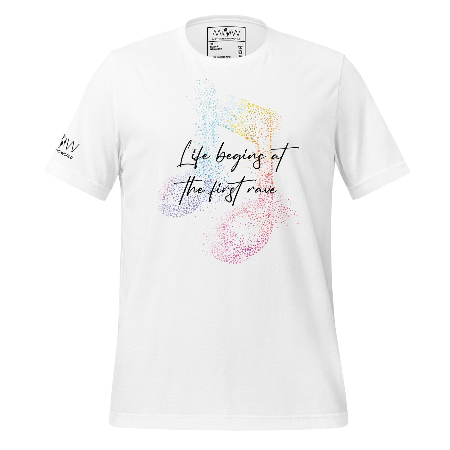 Life Begins at the First Rave – Vibrant Notes Edition White Motivational Men's T-Shirt