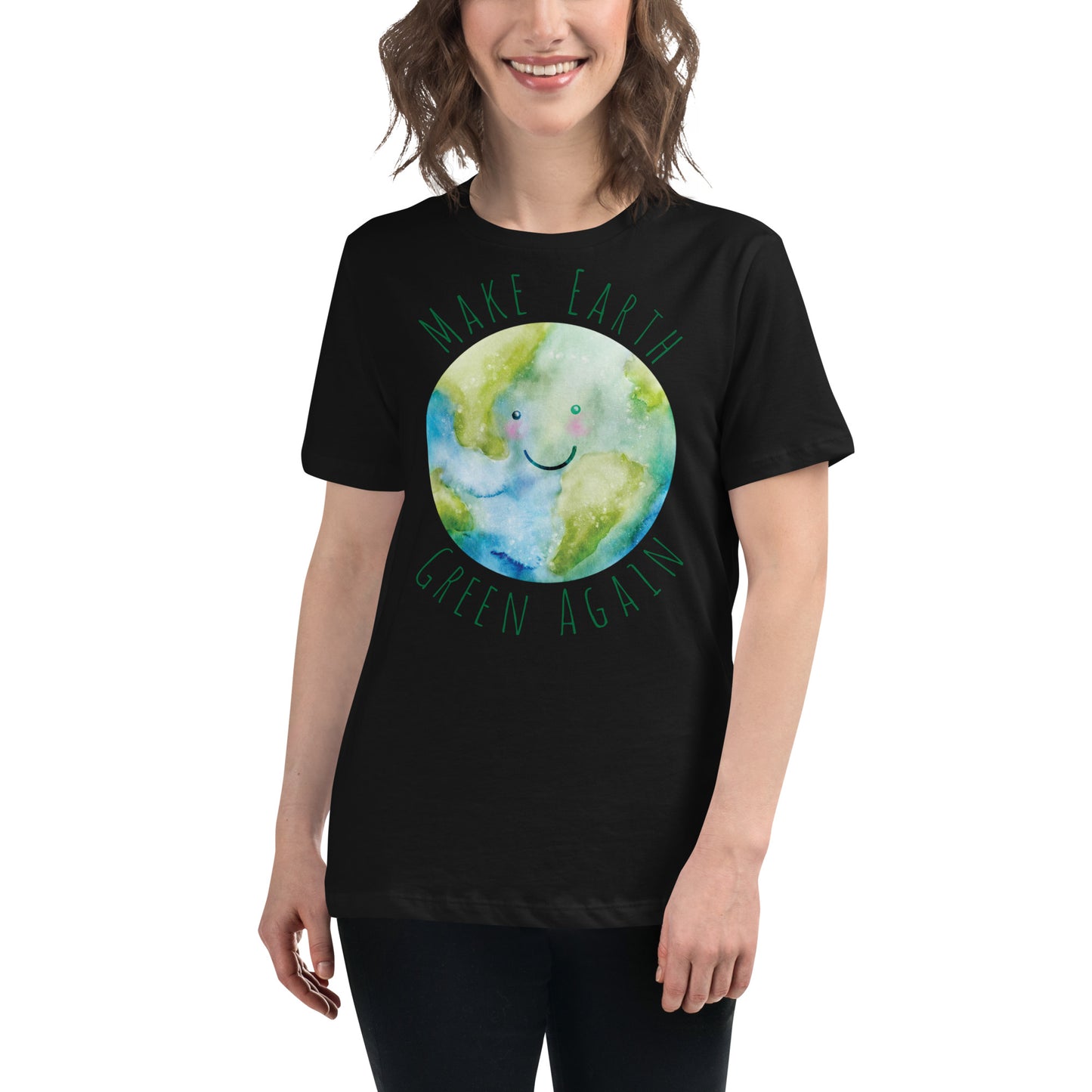 Make Earth Green Again Smiling Earth Black Motivational Women’s T-Shirt Lifestyle