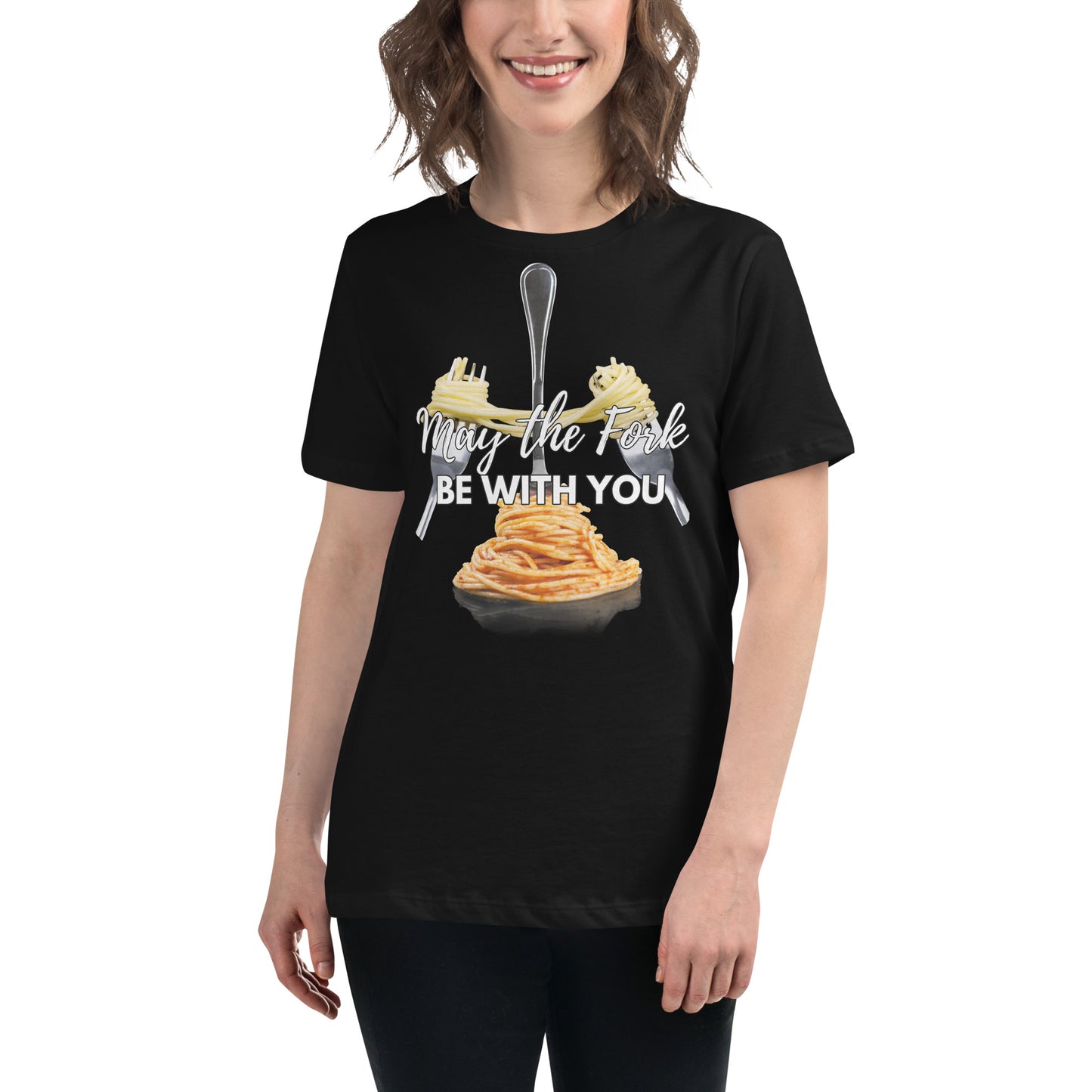 May The Fork Be With You Pasta Black Motivational Women’s T-Shirt Lifestyle