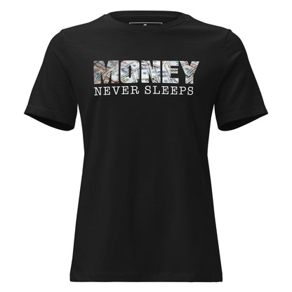 Money Never Sleeps Black Motivational Women’s T-Shirt - Sleek Monochrome Design