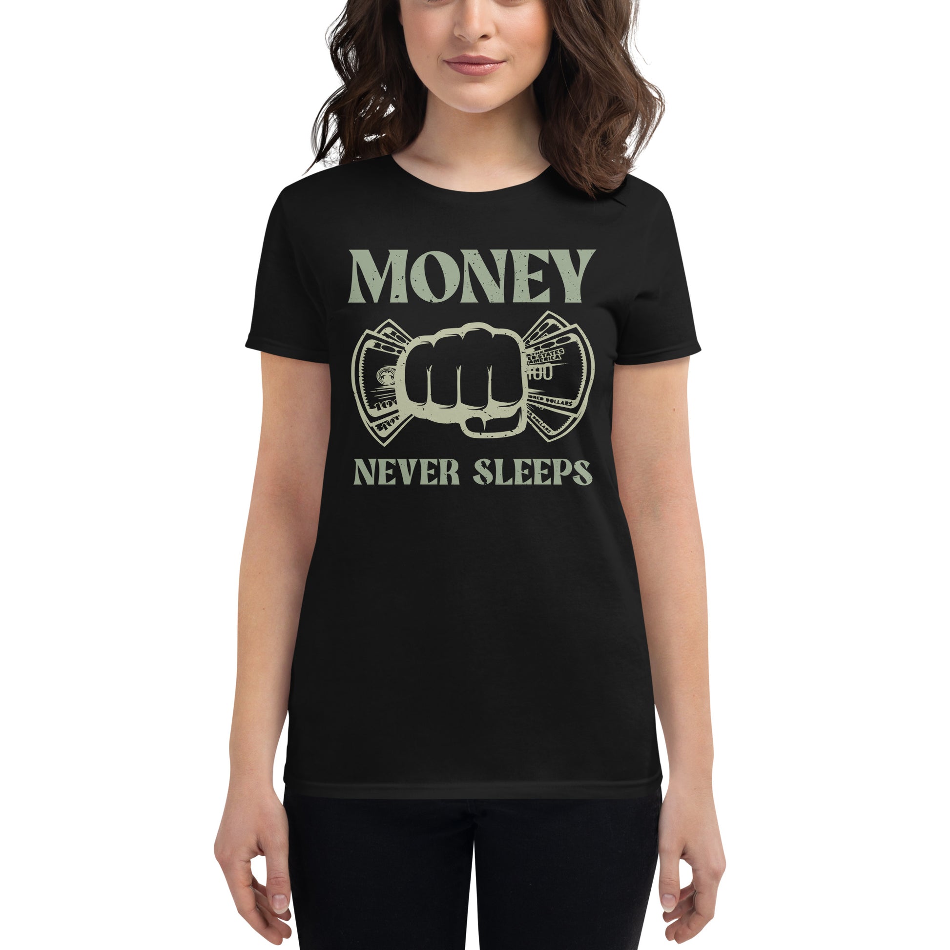 Money Never Sleeps Minimalist Women’s Motivational Black T-Shirt
