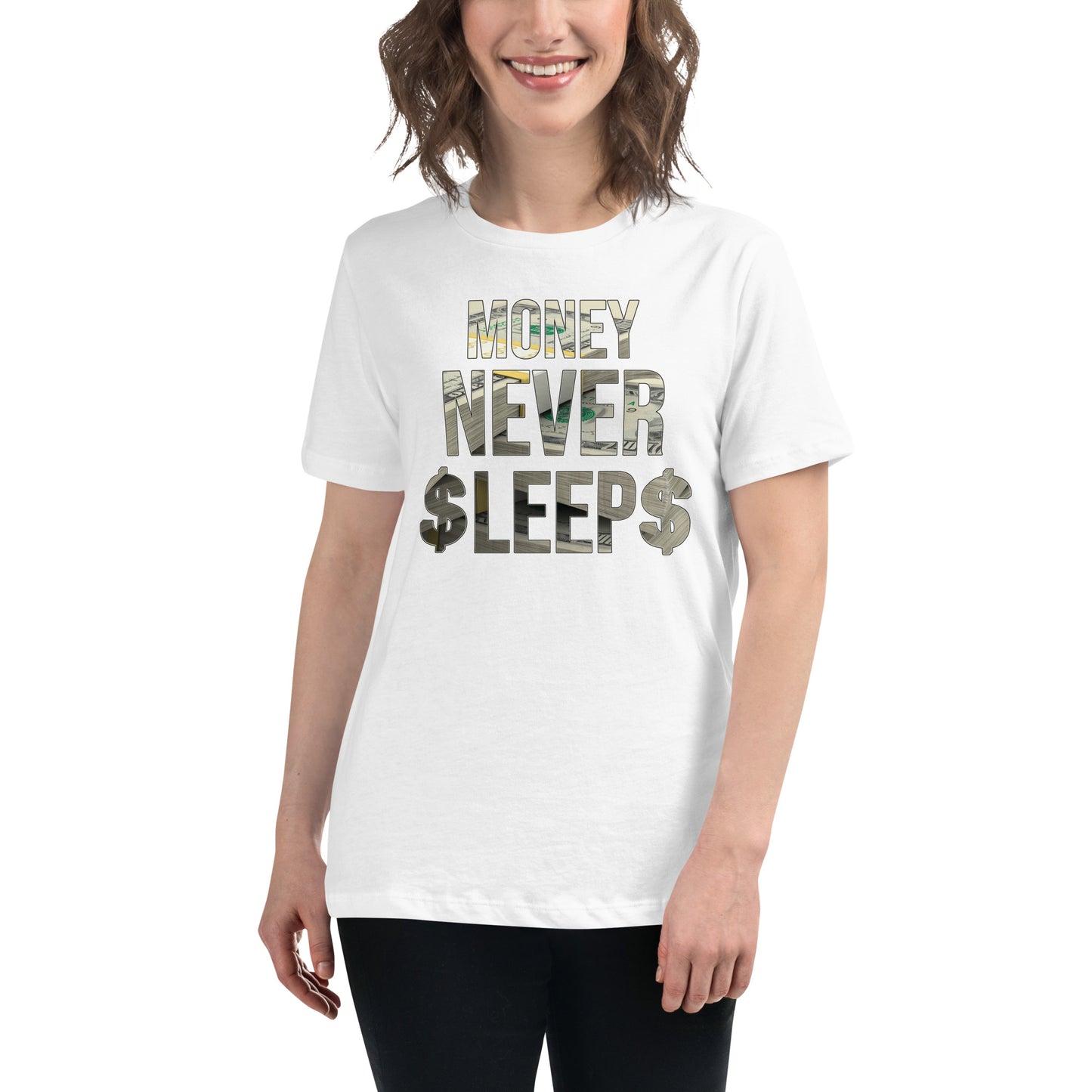 Money Never Sleeps White Motivational Women’s T-Shirt Lifestyle