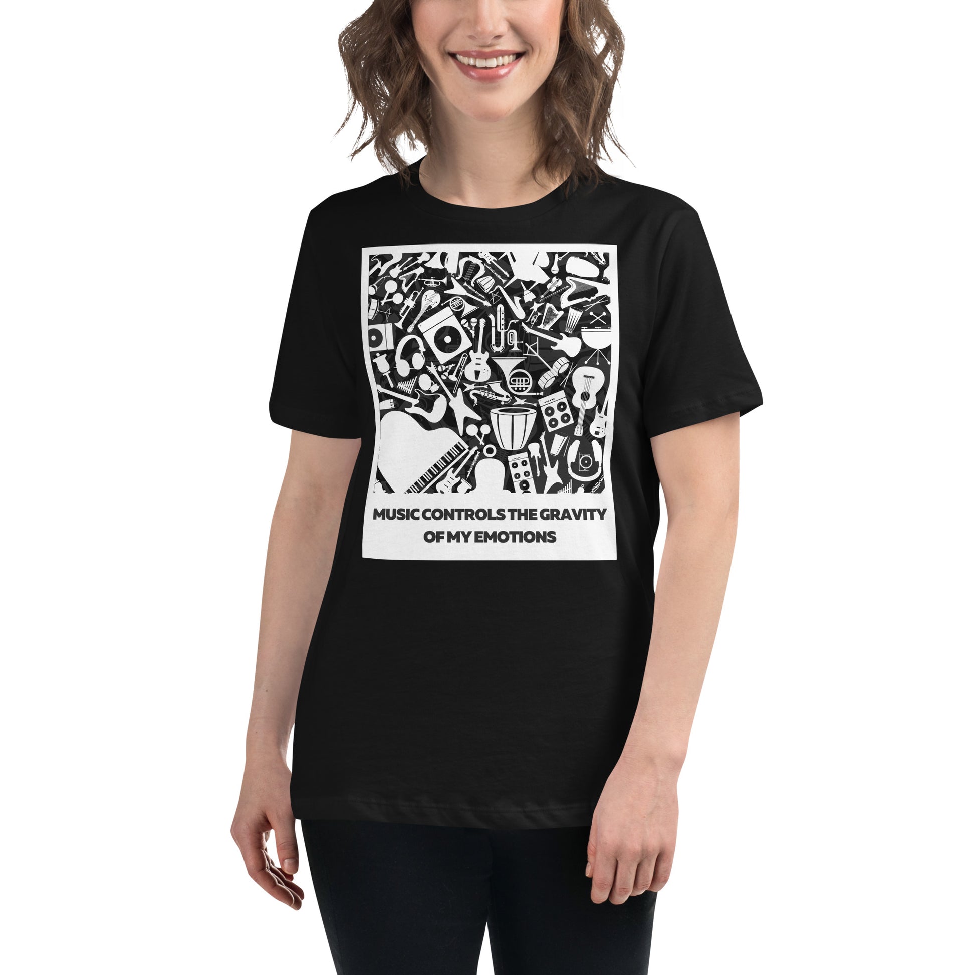 Music Controls the Gravity of My Emotions - Retro Edition Black Motivational Women’s T-Shirt Lifestyle