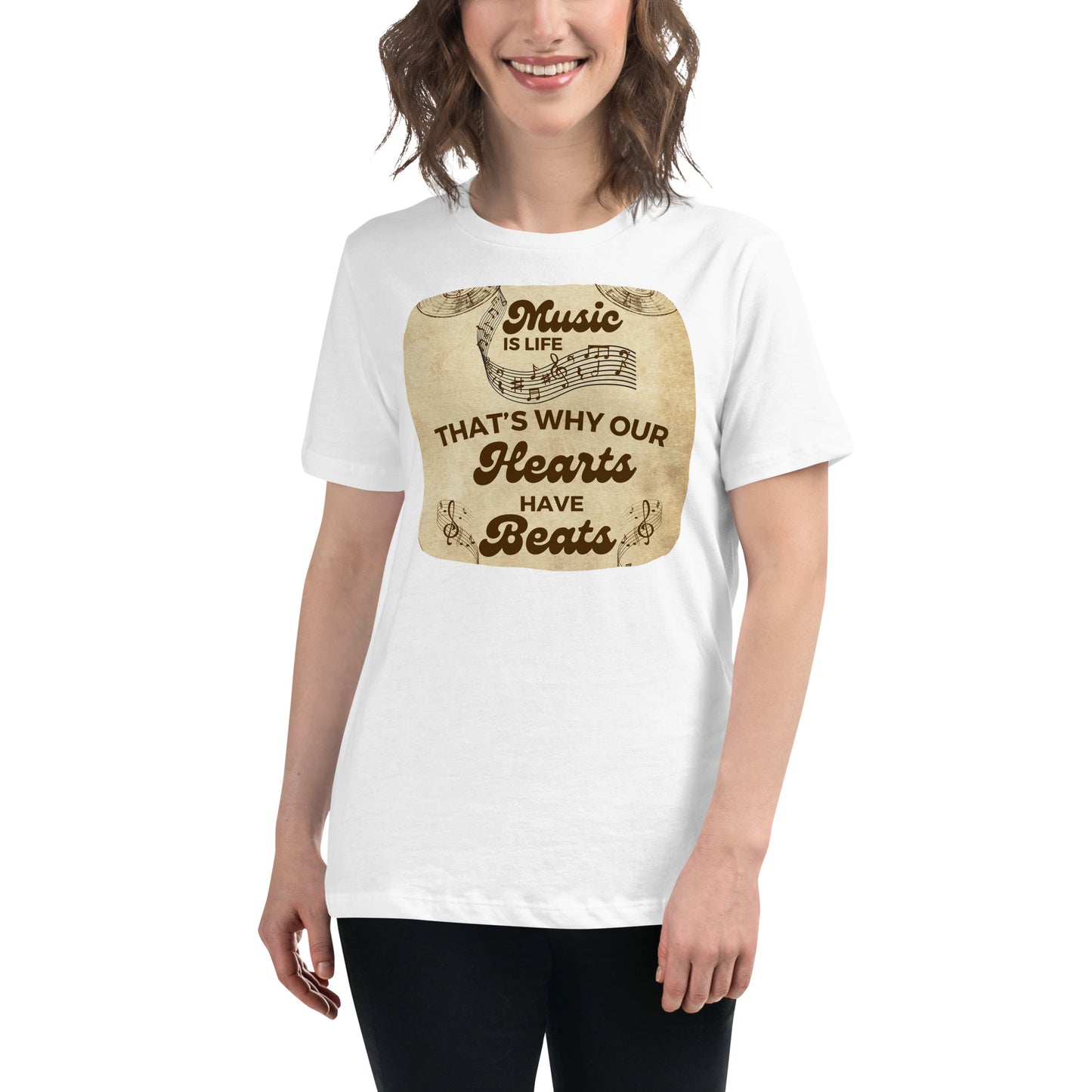 Music Is Life  – Hearts Have Beats Vintage Design White Motivational Women’s T-Shirt Lifestyle