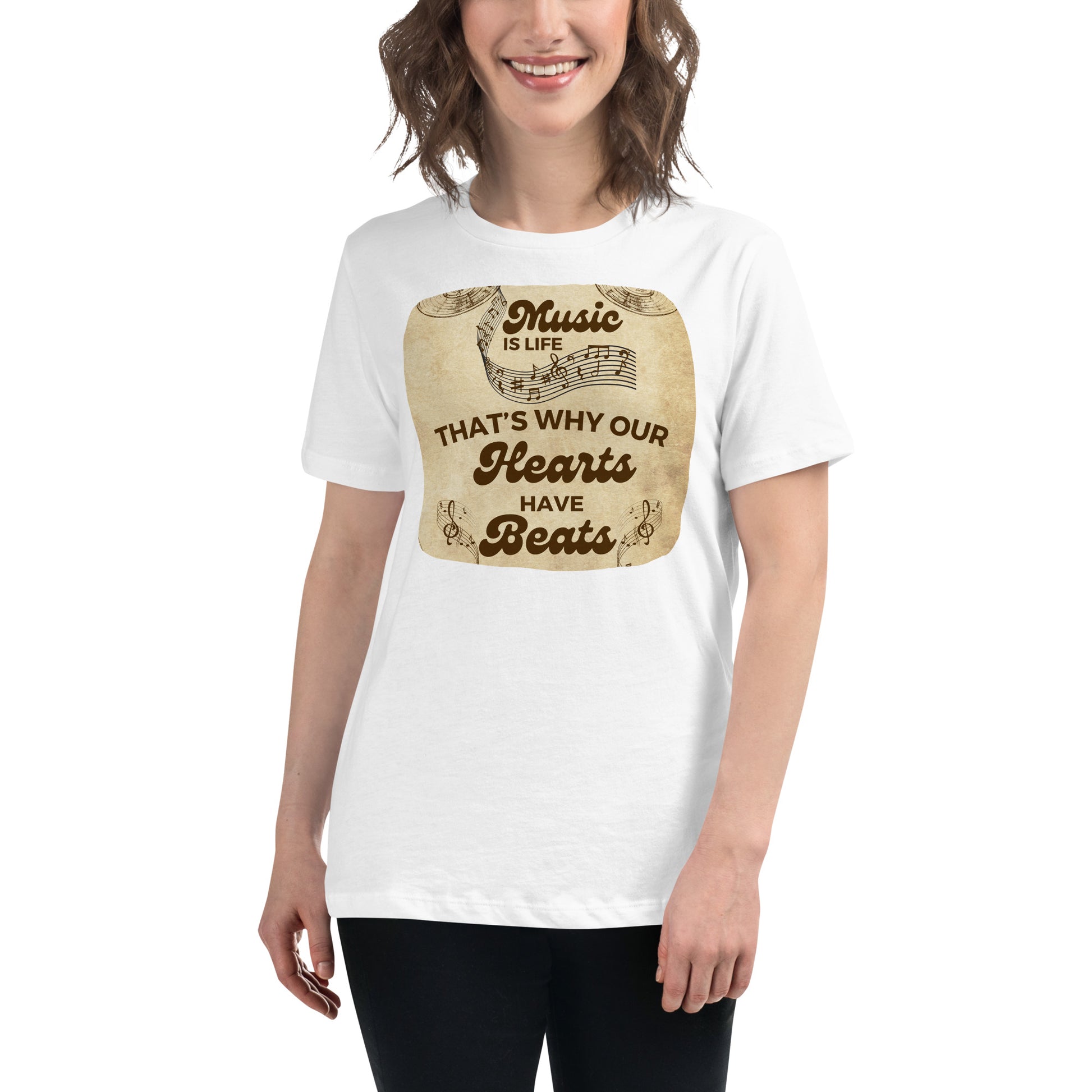 Music Is Life  – Hearts Have Beats Vintage Design White Motivational Women’s T-Shirt Lifestyle