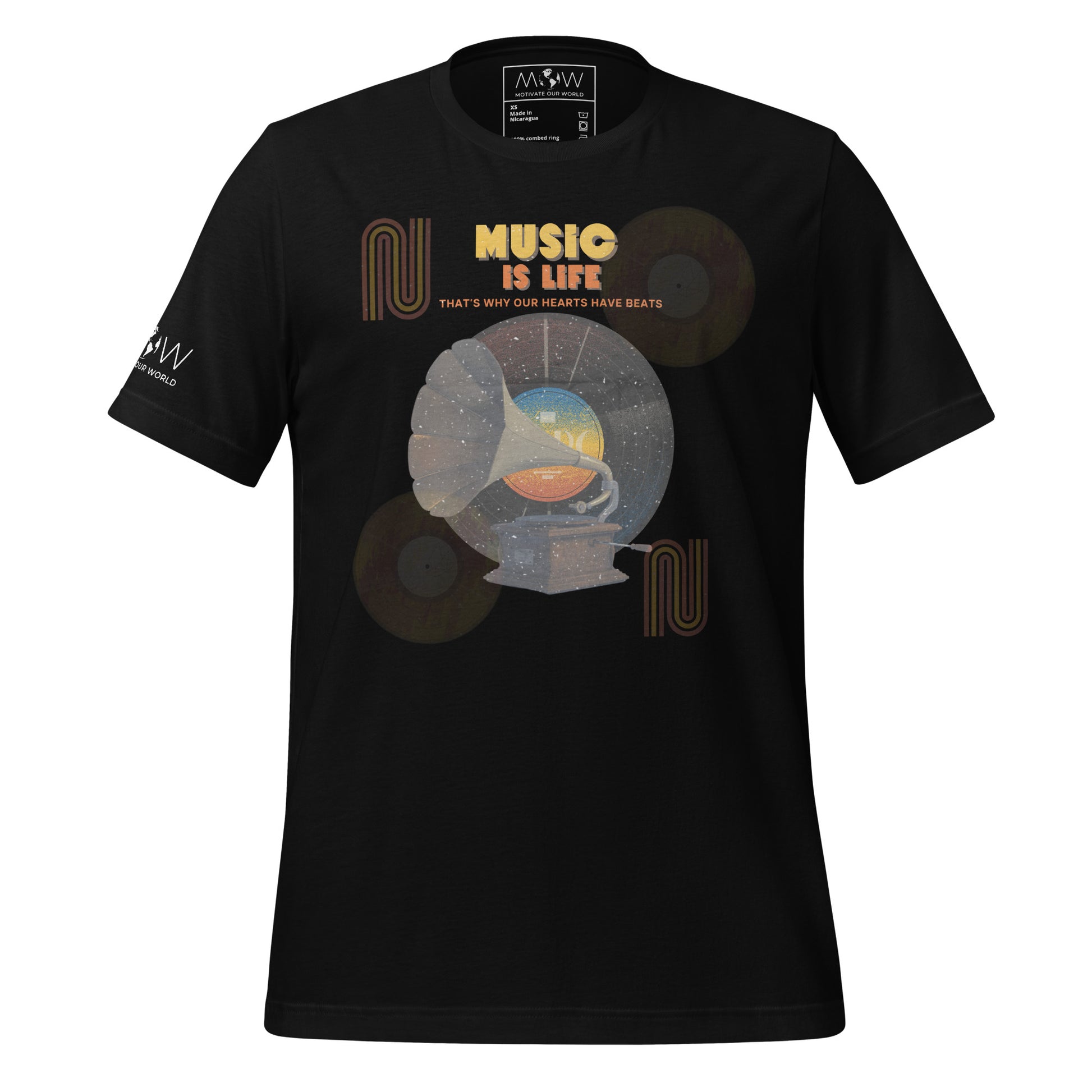 Music Is Life, That’s Why Our Hearts Have Beats - Retro Vinyl Black Motivational Men's T-Shirt