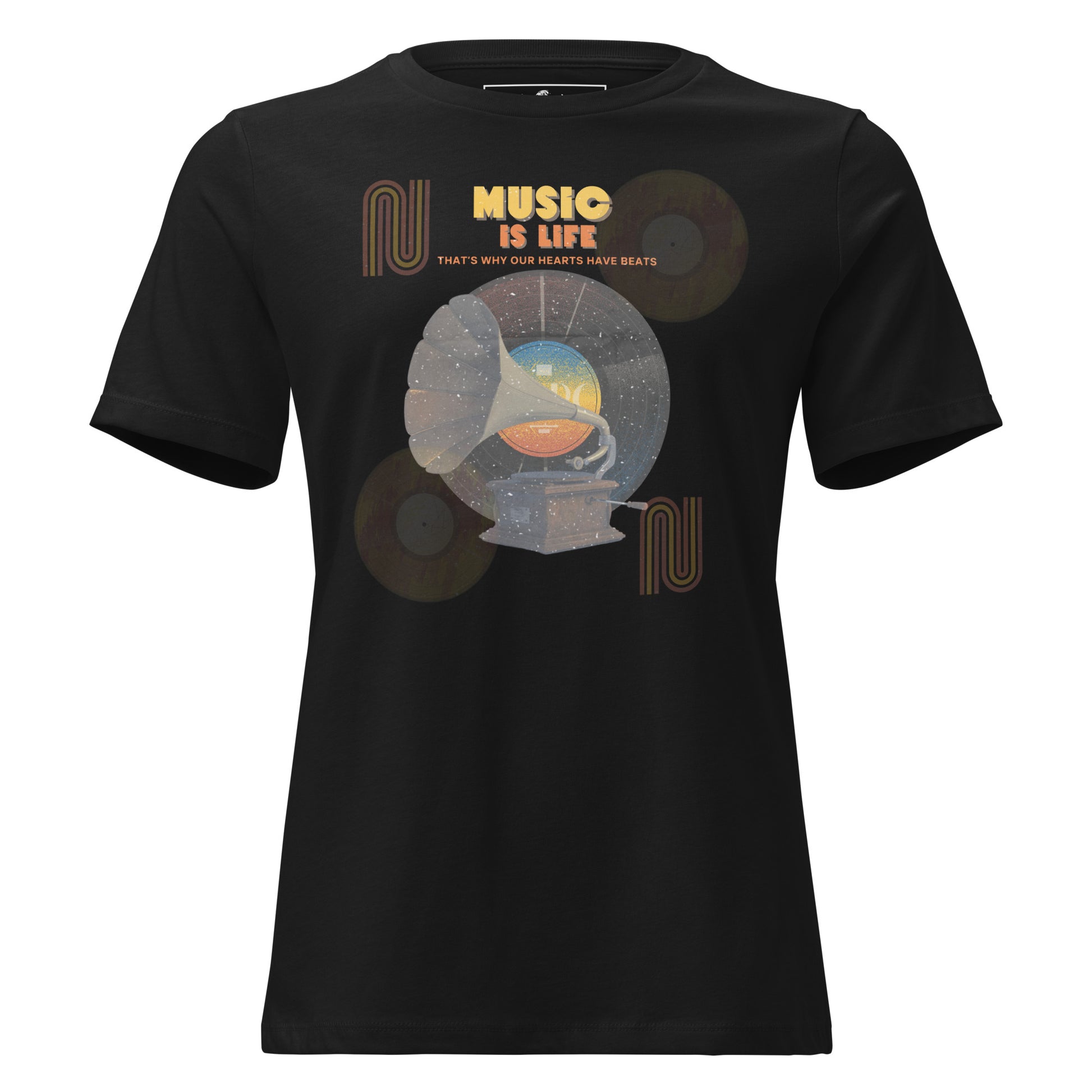 Music Is Life, That’s Why Our Hearts Have Beats - Retro Vinyl Black Motivational Women’s T-Shirt